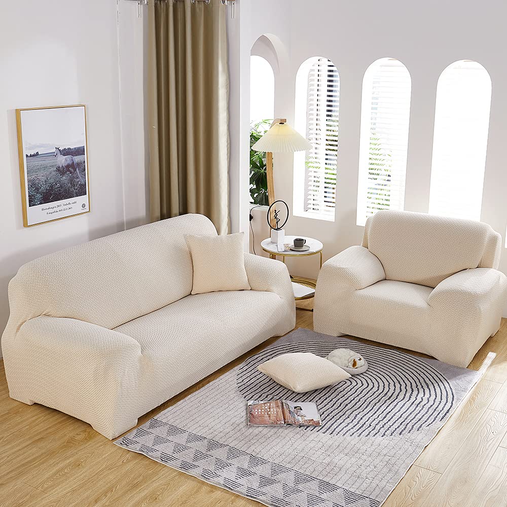 Stretch Sofa Cover Elastic Slipcover - Universal Fit for 4 Seater Couch, Loveseat & Chair - Printed Pattern Fabric Furniture Protector (Beige) - Perfect for Living Room, Home Decor & Pet Protection