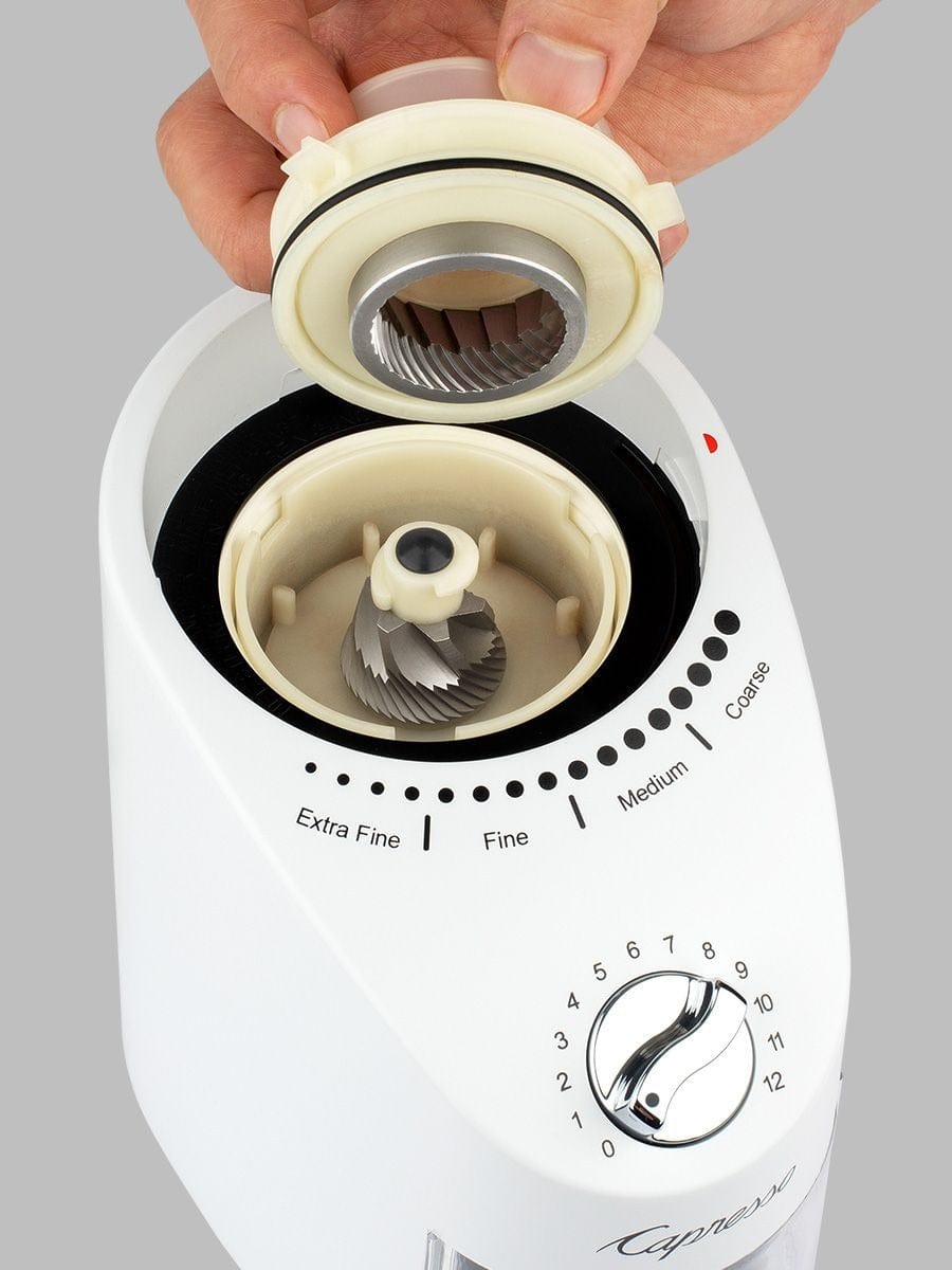 Premium Capresso Infinity Plus Conical Burr Coffee Grinder - White | Fresh Ground Coffee for Espresso, Drip, French Press & Cold Brew | Perfect for Home & Office Use