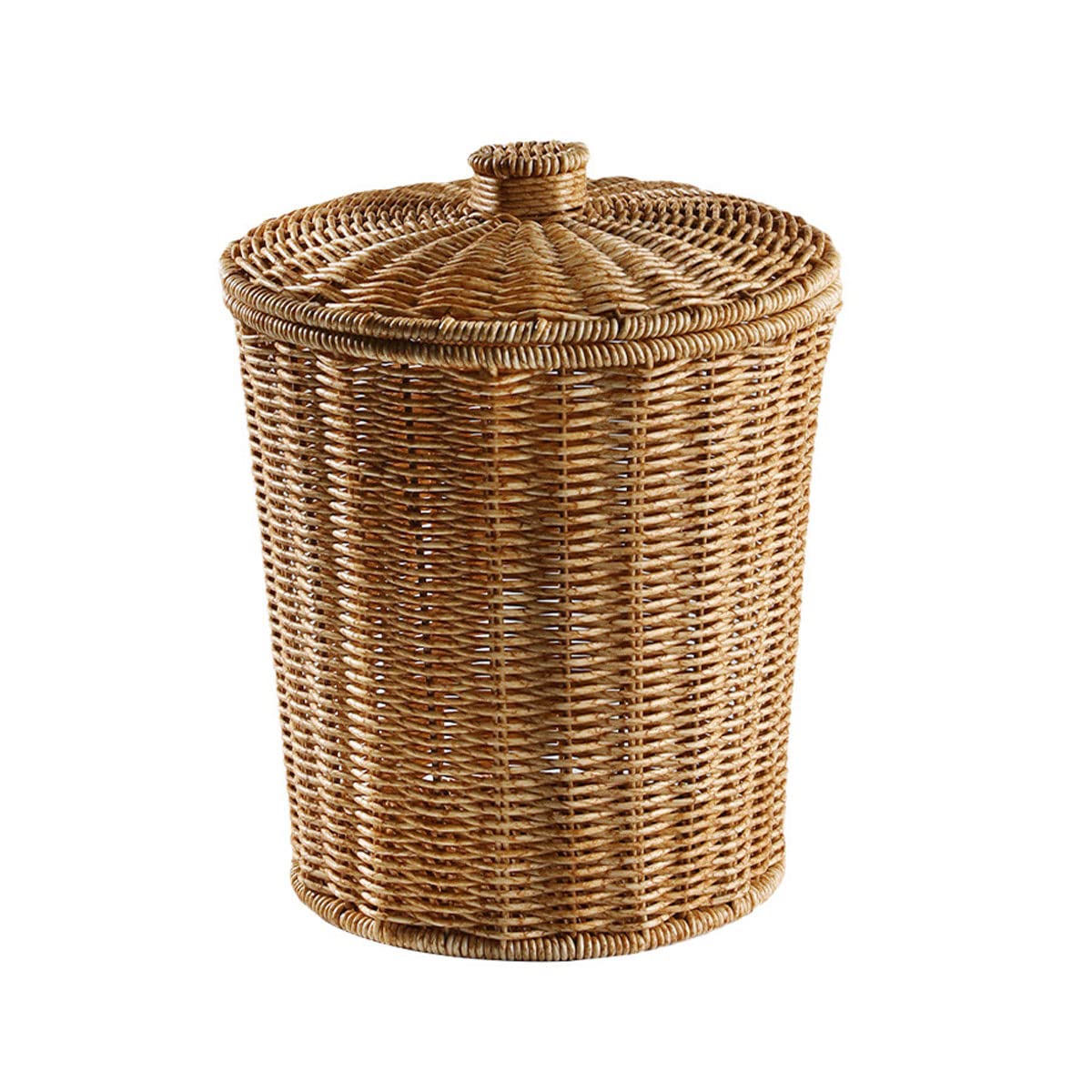 Khaki Round Storage Basket with Lid - Creative Rattan Style Organizer for Home, Office & Bathroom - Multipurpose Storage Bucket for Sundries & Closet Organization (Brown)