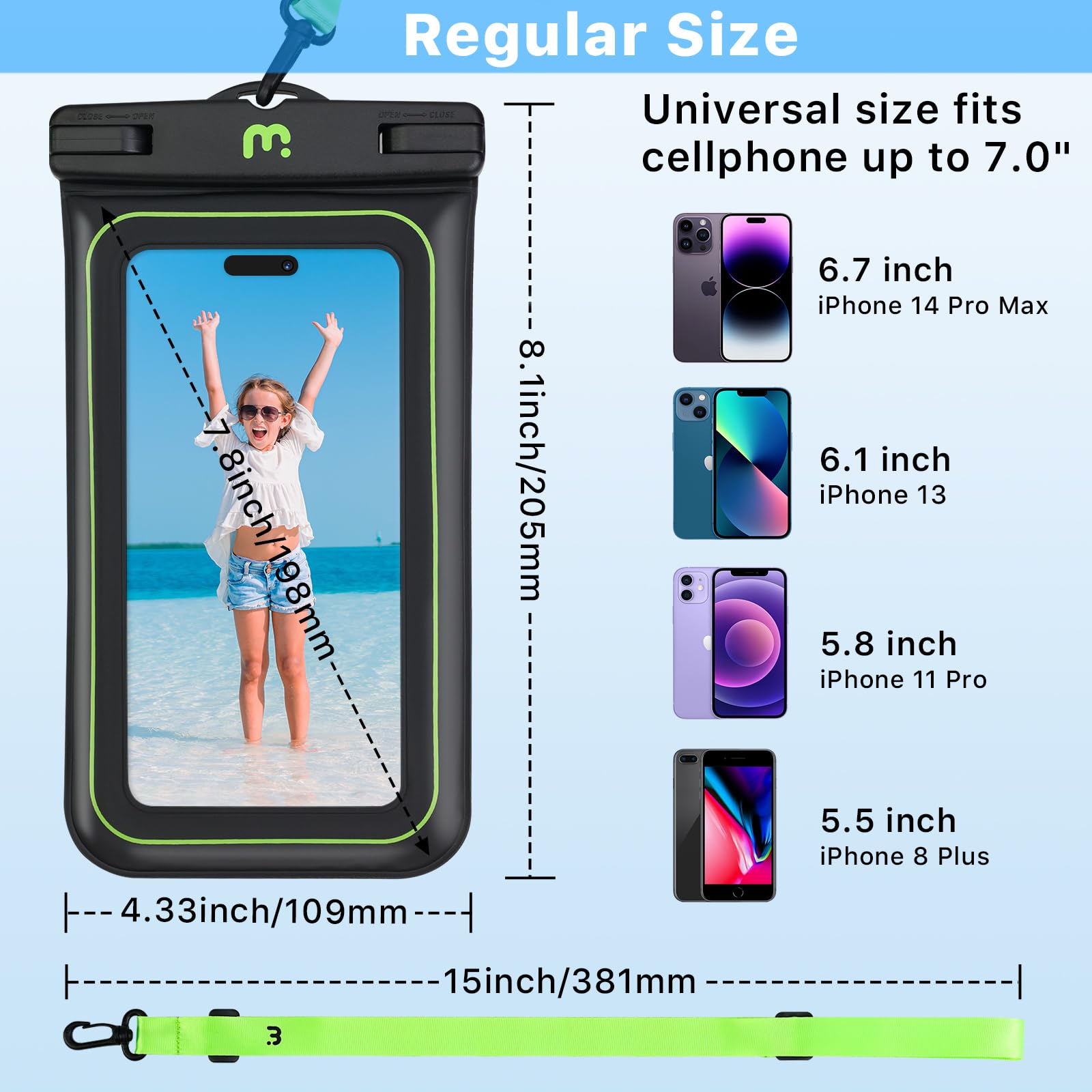MYBAT PRO IPX8 Waterproof Phone Pouch - Universal Floating Dry Bag for iPhone 15 Pro Max/14/13, Samsung S24 Ultra/S23, Google Pixel - Detachable Lanyard, Black/Green - Perfect for Swimming, Beach, Kayaking & Water Sports