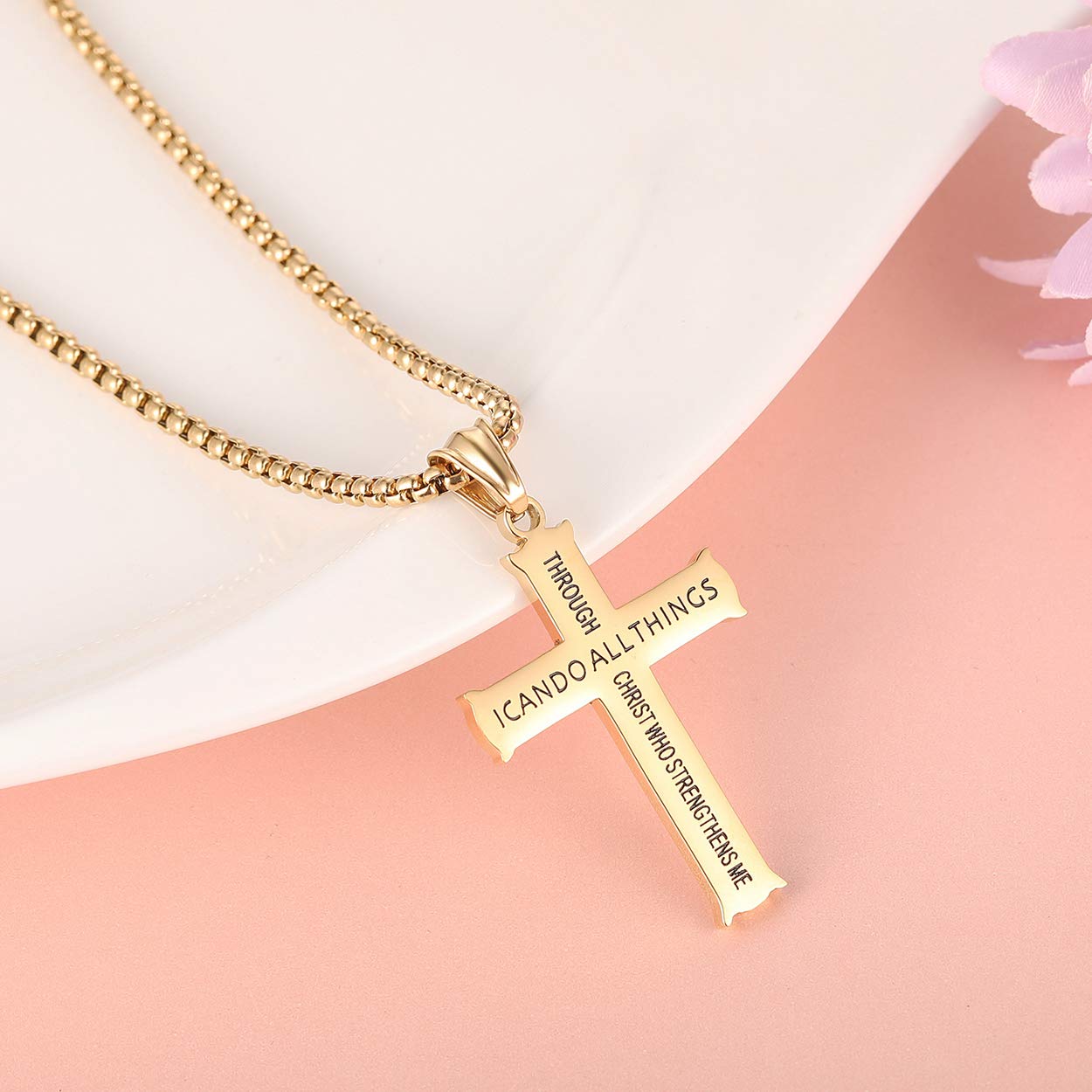 Philippians 4:13 Cross Pendant Necklace - Stainless Steel Bible Verse Jewelry for Strength & Faith