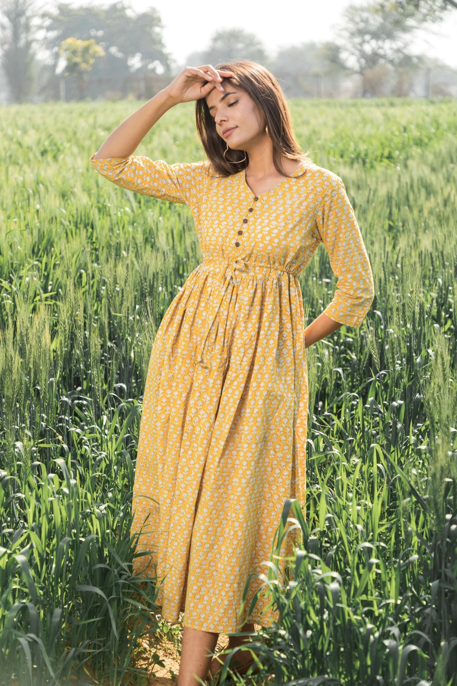 Mustard Medow Azofree Handblock Printed Pure Cotton Dress - Eco-Friendly & Breathable for Summer Outings, Beach Vacations & Boho Fashion