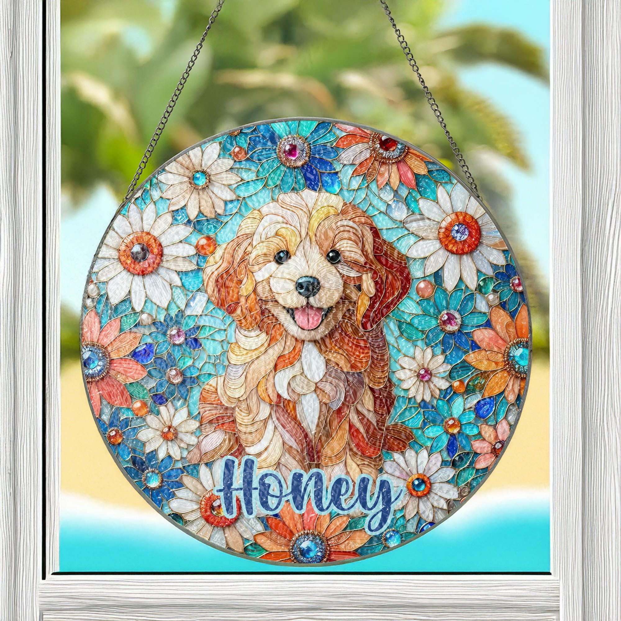 Custom Pet Memorial Stained Glass Suncatcher - Personalized Golden Doodle, Bichon, Cockapoo Dog Decor - Daisy Window Hanging Gift for Dog Moms & Dads - Perfect for Home, Nursery, or Office Decor