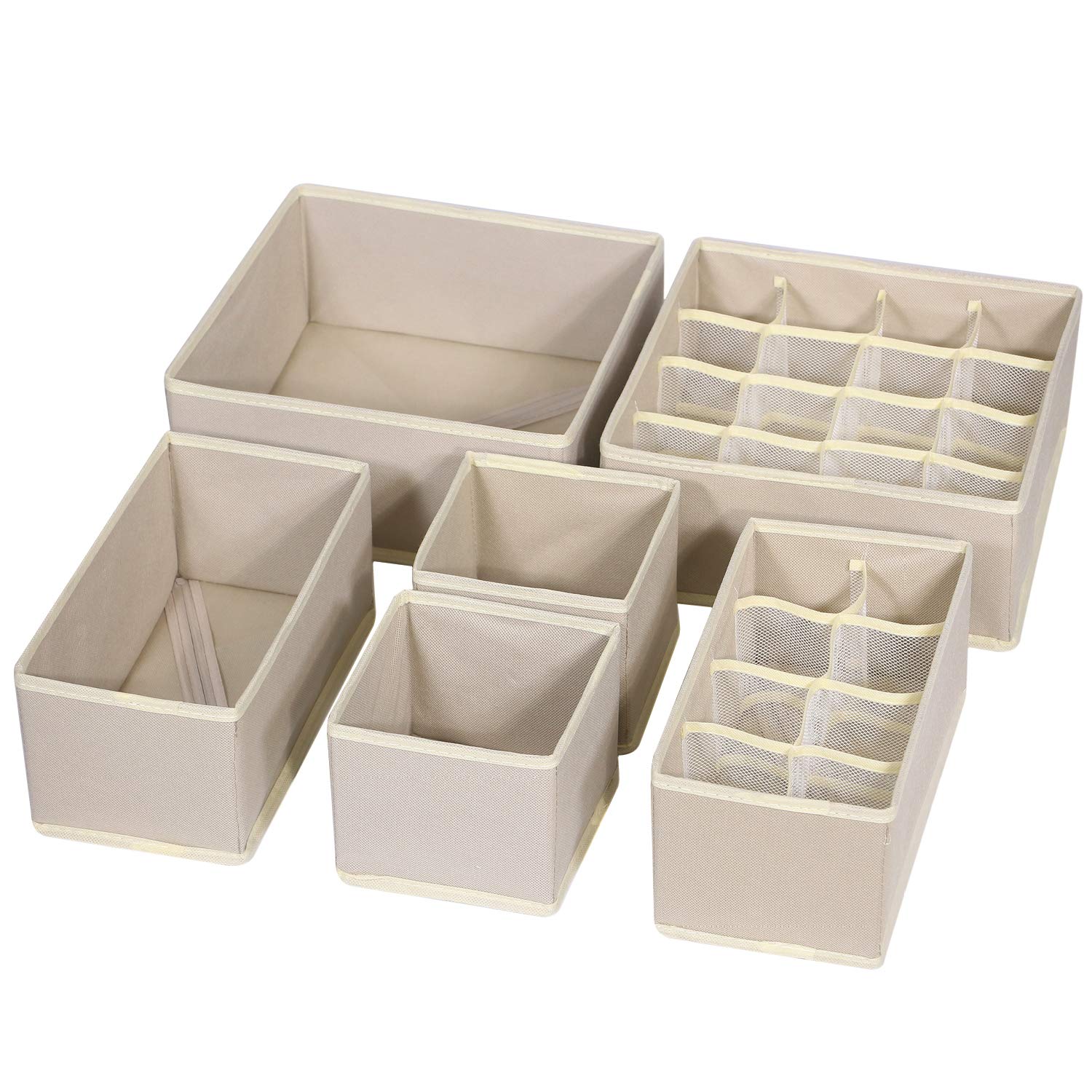 6-Pack Foldable Fabric Drawer Organizers - Closet Storage Boxes for Underwear, Bras, Socks & Baby Clothes | Space-Saving Dresser Dividers & Nursery Organization Solutions | Beige Cloth Bins for Home & Office Use