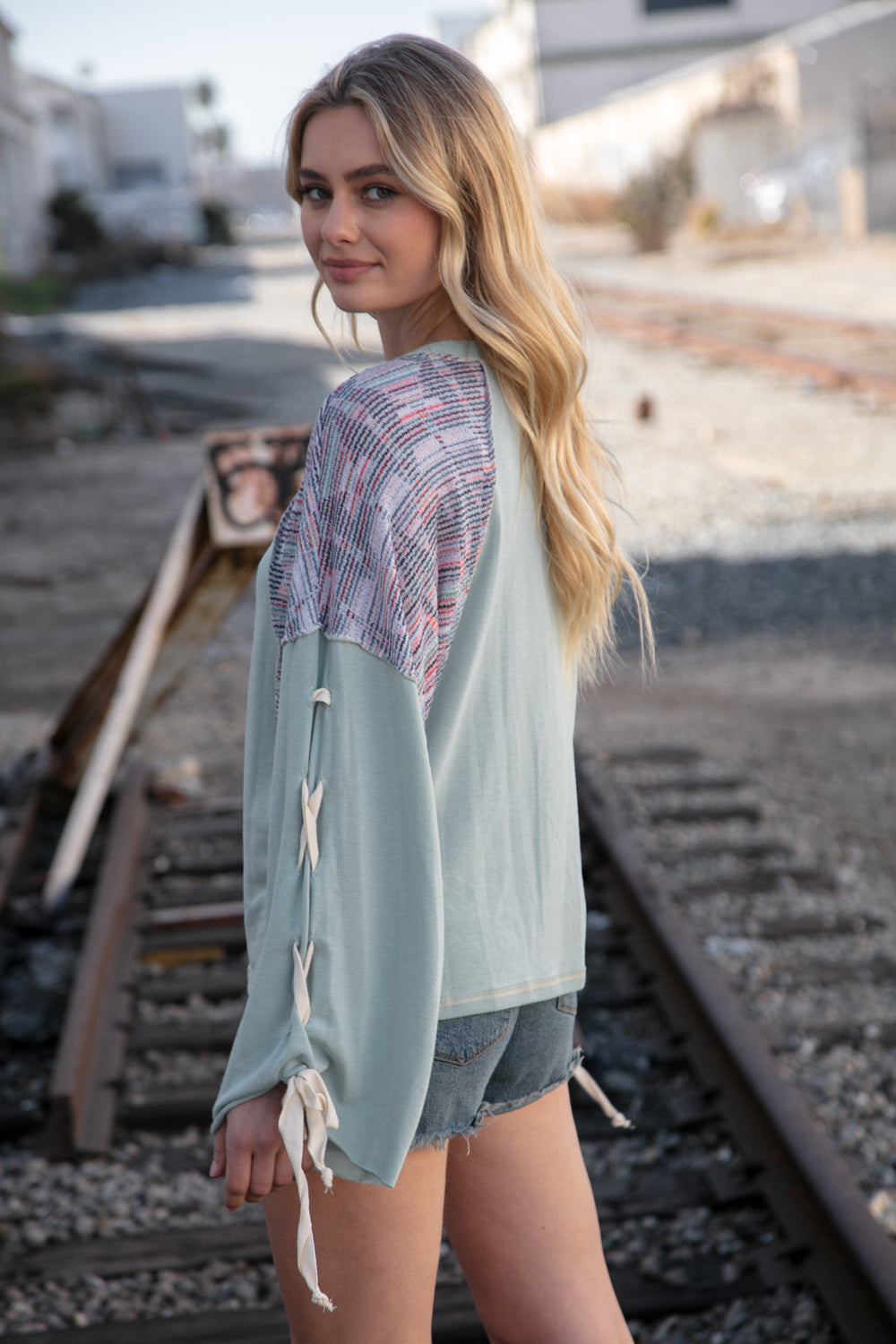 Stylish Mint Lace-Up Long Sleeve French Terry Oversized Pullover Sweatshirt | Women's Casual Loungewear for Fall & Winter | Perfect for Coffee Dates, Weekend Errands and Cozy Nights