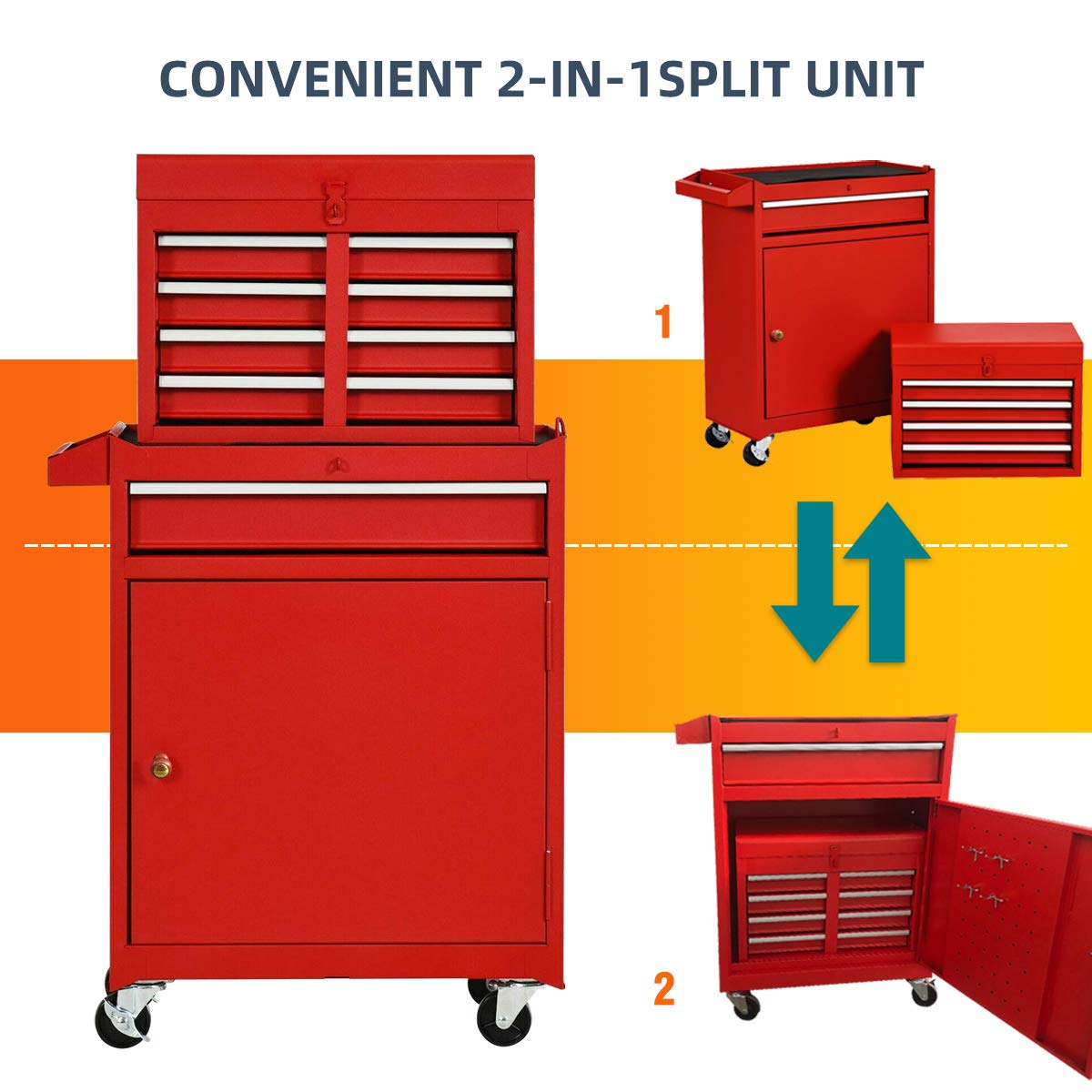 X&T 5-Drawer Rolling Tool Chest Set - Heavy Duty 2-Piece Steel Tool Cabinet Combo with Lockable Drawers & Wheels for Garage, Workshop, Warehouse Organization (Red) | Perfect for Mechanics, DIY Enthusiasts & Professional Tool Storage