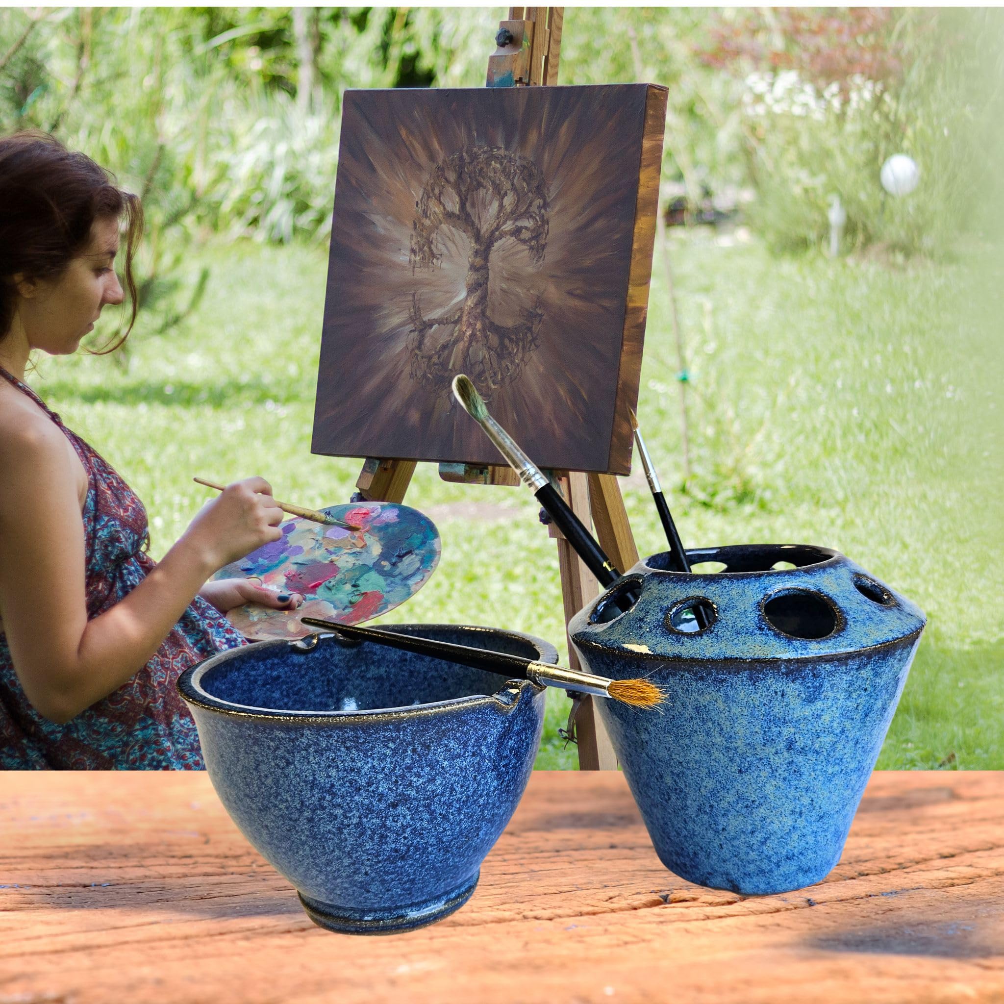 Premium 2-Piece Watercolor Painting Set with Bowl, Brush Caddy & Rest Stand - Cobalt Blue - Ideal for Artists, Students & DIY Enthusiasts - Perfect for Art Studios, Classrooms & Home Painting Projects