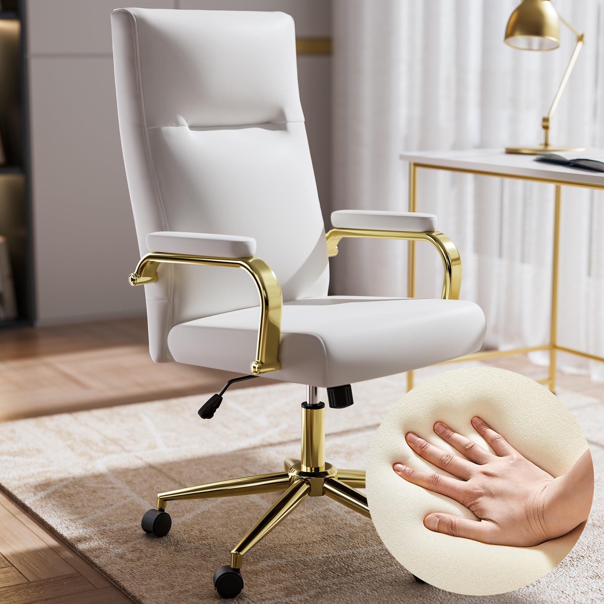White and Gold Memory Foam Office Chair - Ergonomic Leather Computer Desk Chair with Wheels & Adjustable Arms - High Back Executive Chair for Women - Perfect for Home Office, Gaming, and Workspaces