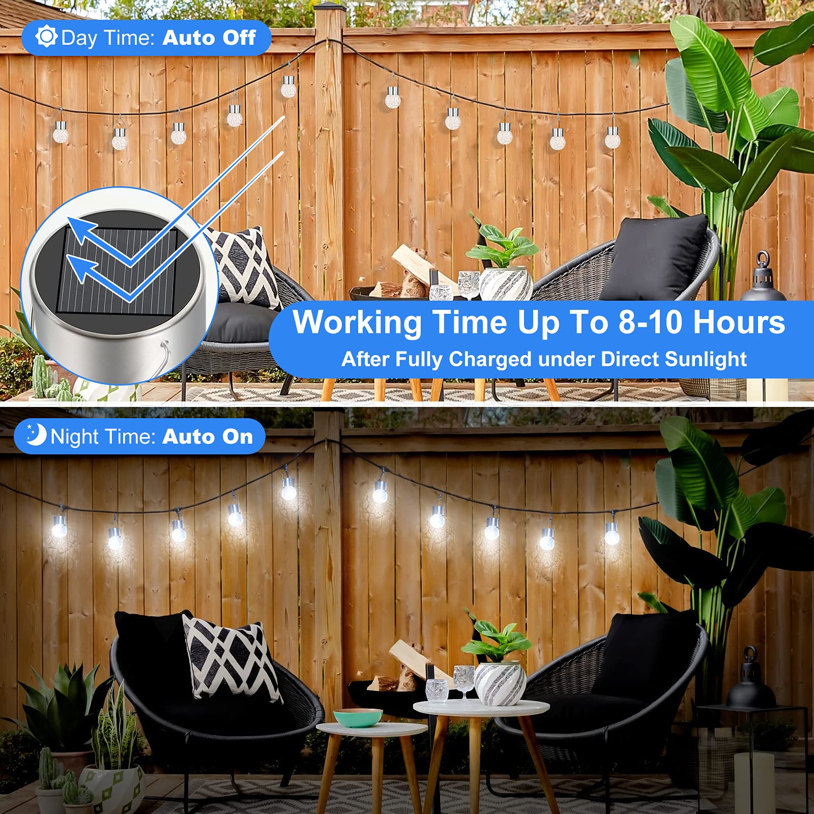 12 Pack Solar Powered Outdoor Hanging Lights - Waterproof Crackle Glass Ball String Lights with Hooks for Garden, Patio, Balcony & Christmas Decor (Daylight White) | Perfect for Backyard Parties, Wedding Decorations & Holiday Lighting