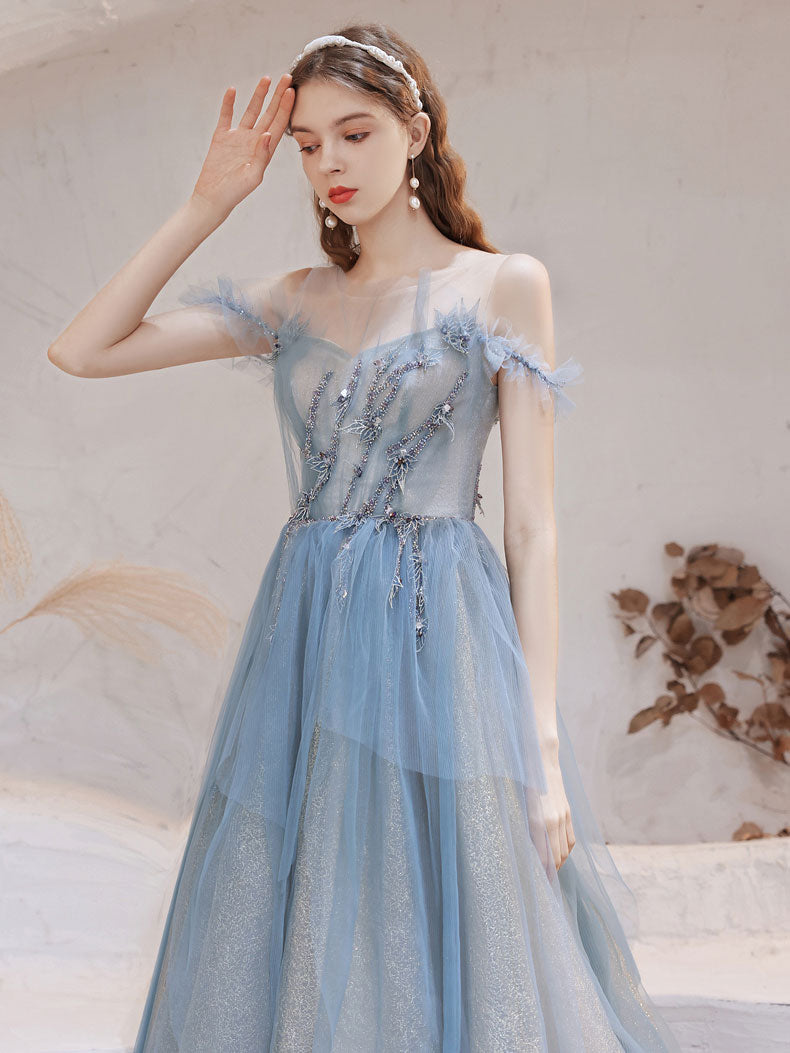 Elegant Blue Tulle Off Shoulder Beaded Long Prom Dress for Women - Formal Evening Gown for Homecoming, Wedding, and Special Occasions