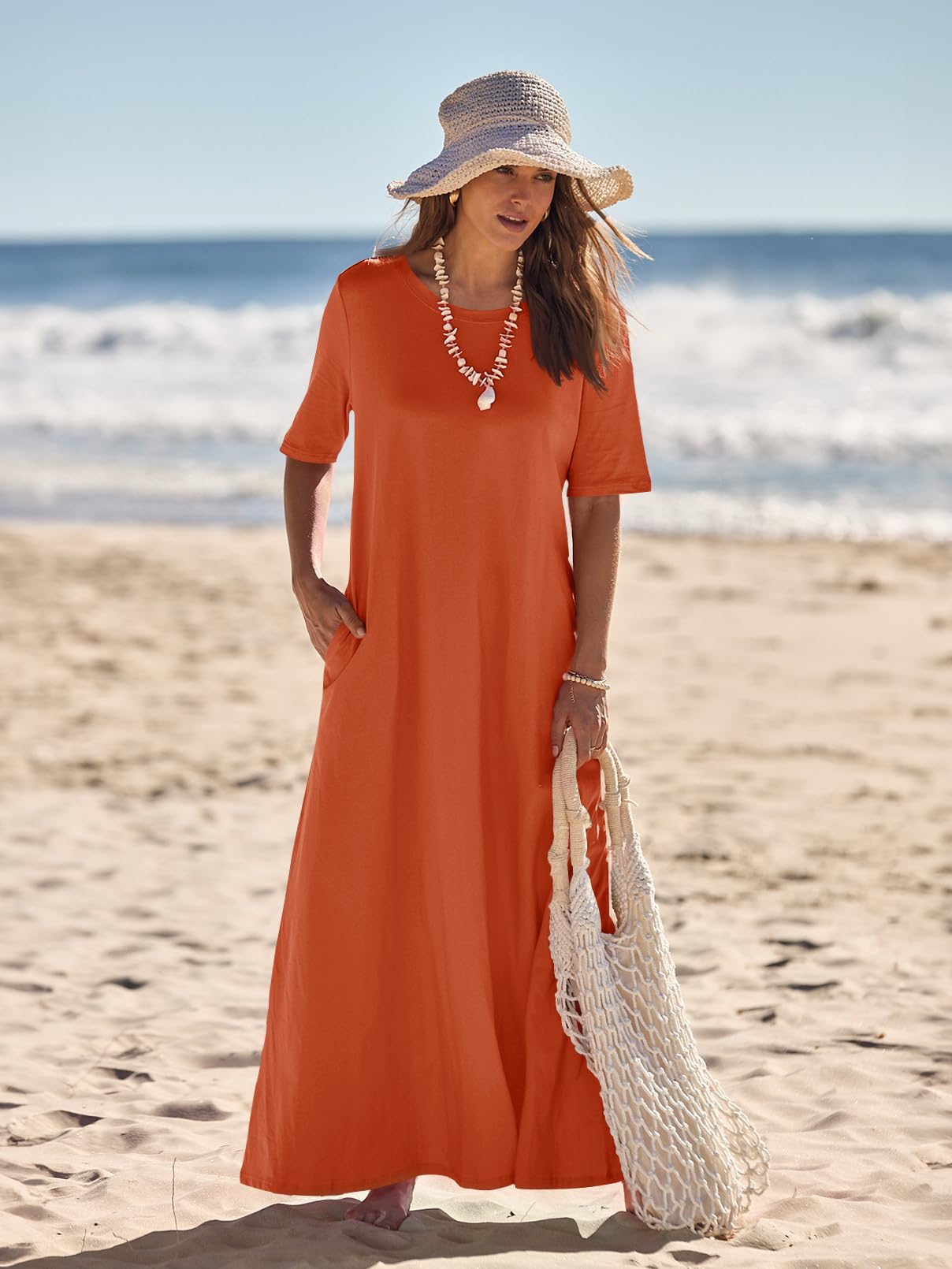 MEROKEETY Women's 2025 Spring Summer Casual Maxi Dress - Short Sleeve Crewneck Long T-Shirt Dress for Beach Vacation & Everyday Wear | Flowy Comfort Dress for Outings, Travel & Relaxation