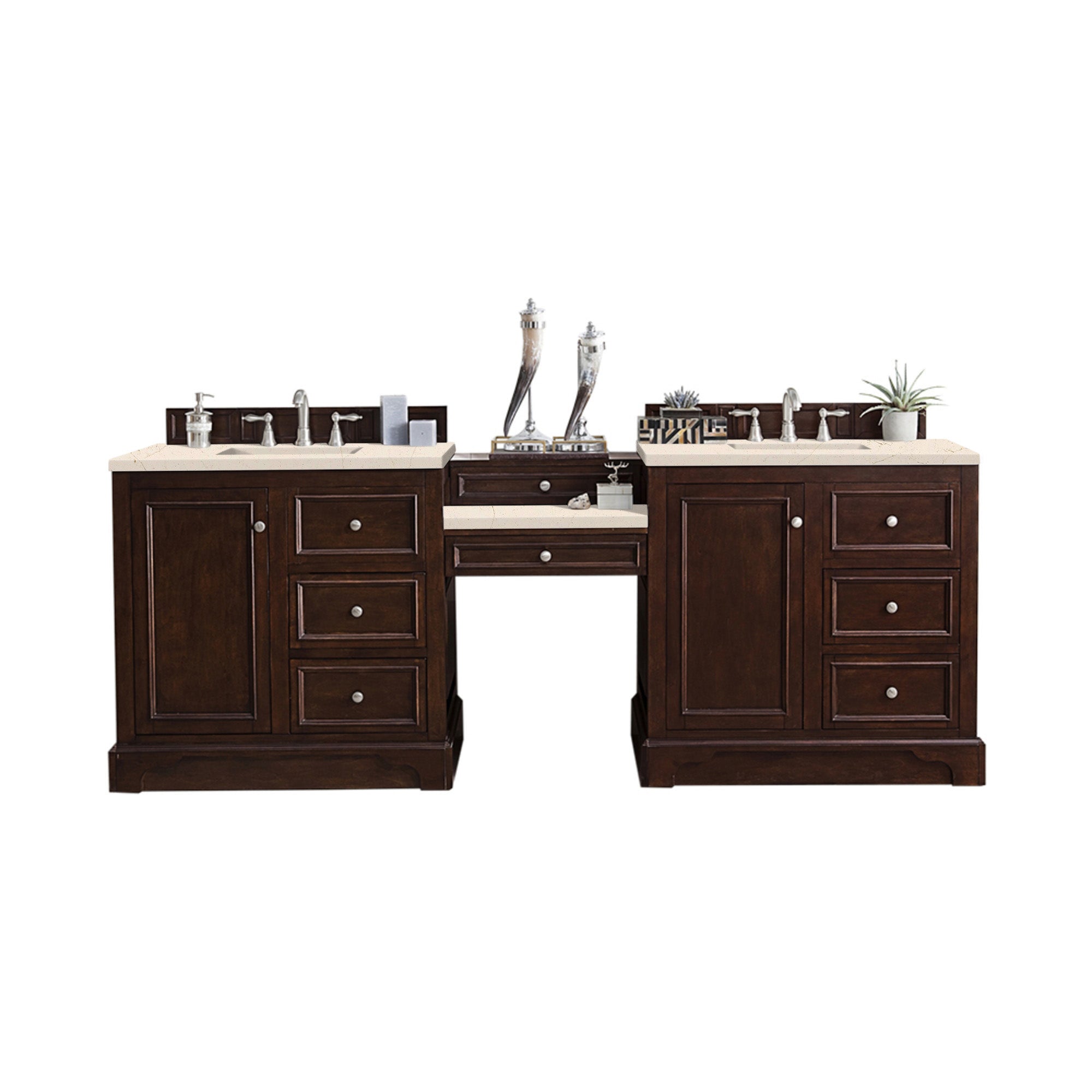 De Soto 94 Double Vanity Set with Makeup Table - Burnished Mahogany Finish & 3CM Eternal Marfil Quartz Top | Bathroom Vanity for Master Suite, Guest Bath & Luxury Home Decor