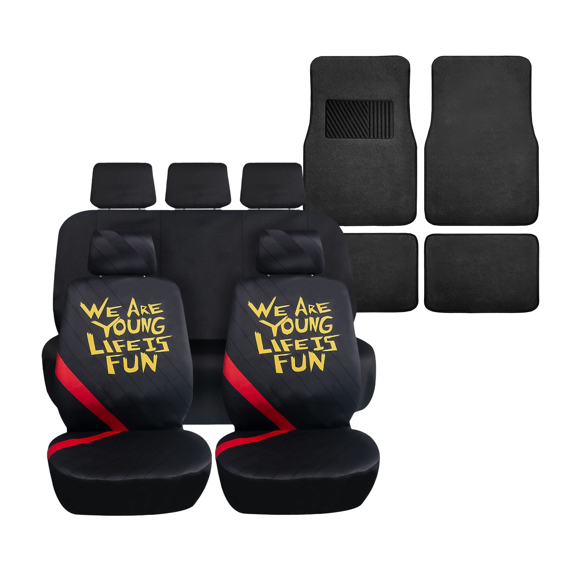 We Are Young Life is Fun™ Full Set Car Seat Covers (Red & Black) + Car Floor Mats with Heel Pad - Universal Fit for Most Cars, Trucks, SUVs & Vans | Premium Car Interior Protection & Comfort Upgrade