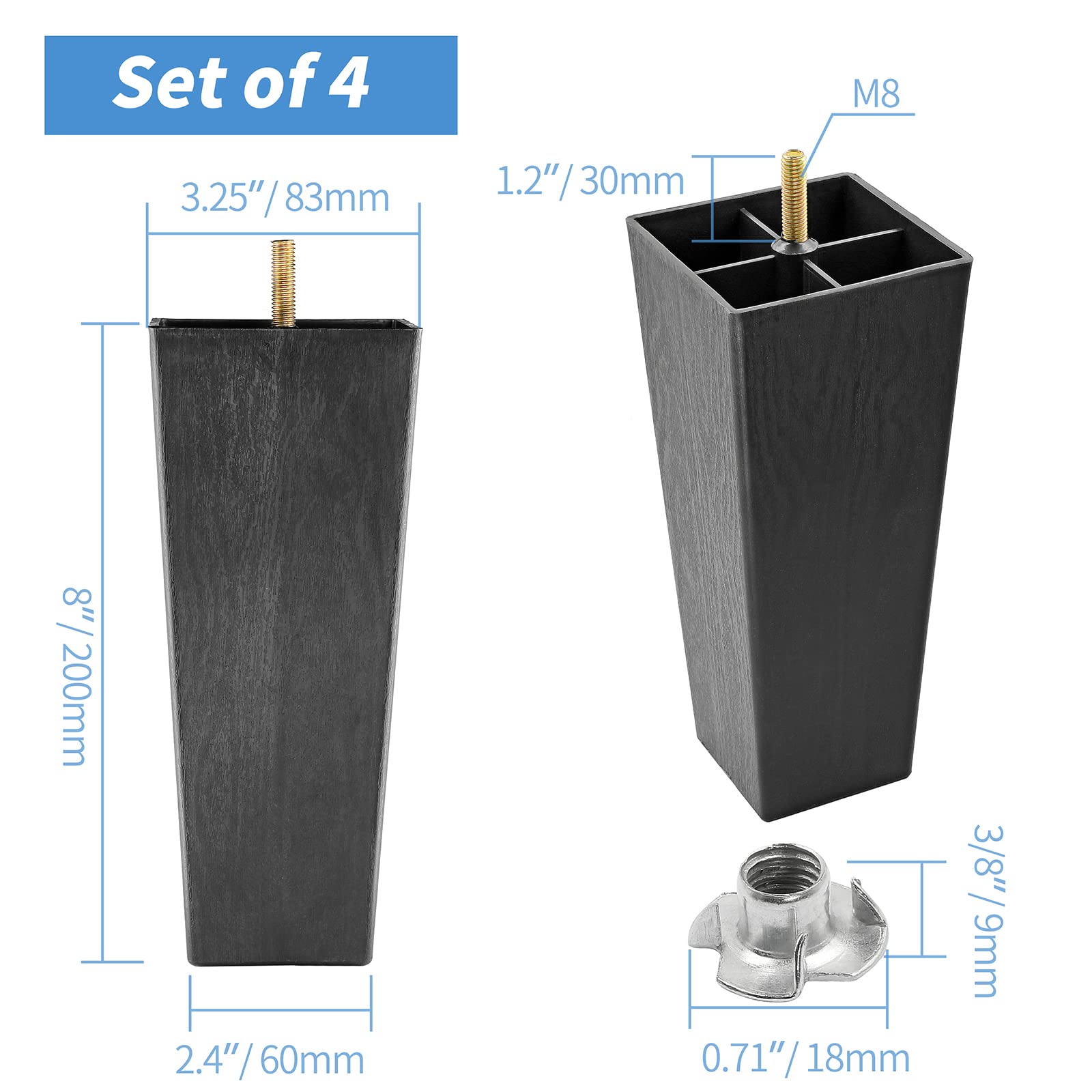 8 Inch Black Plastic Square Furniture Legs - Set of 4 M8 Replacement Feet for Sofa, Couch, Armchair, Bed, Cabinet & Desk - Mid Century Modern Style Home Decor Upgrade for Living Room, Bedroom & Office