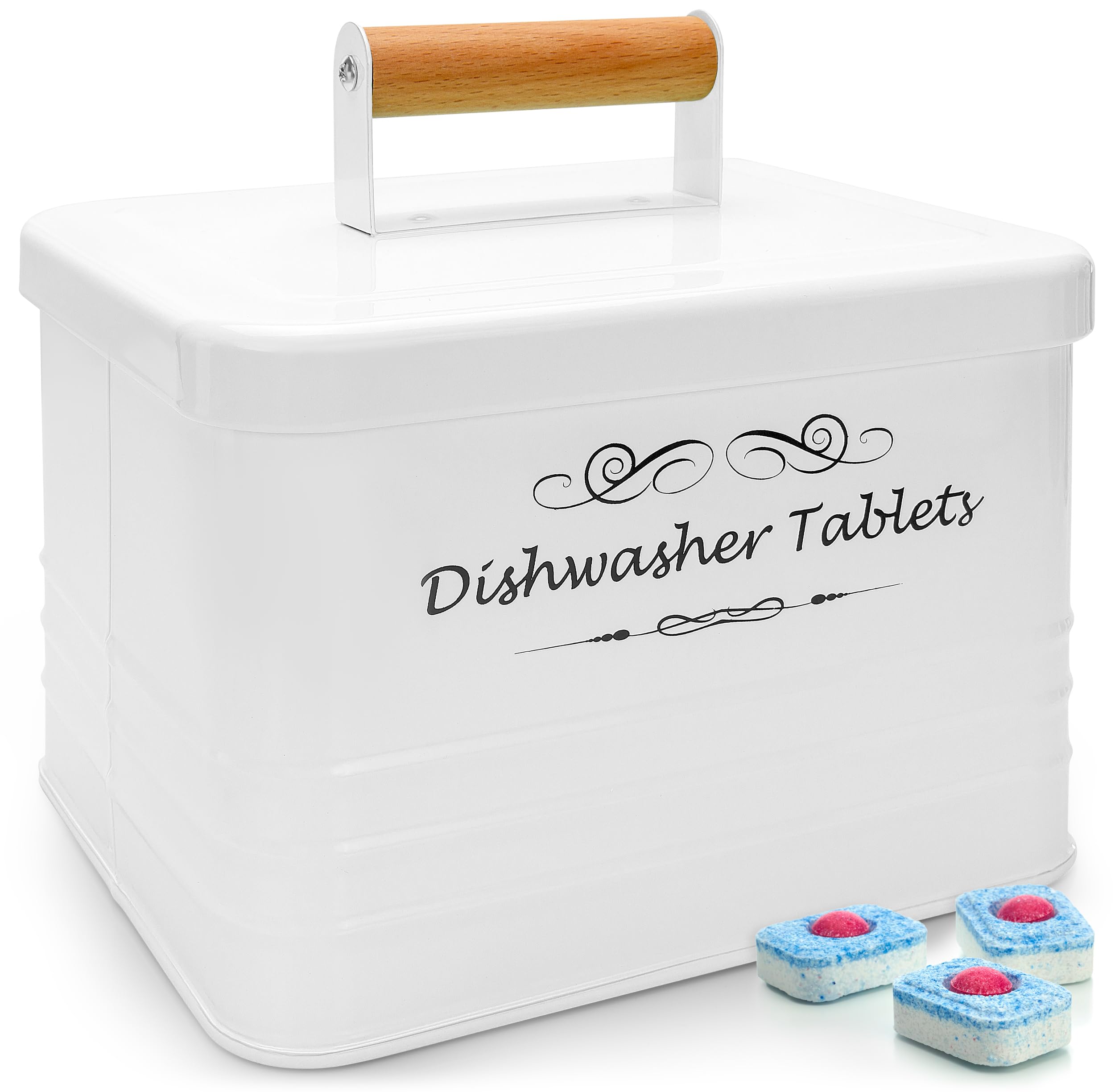 ELITAPRO Farmhouse Style Metal Dishwasher Pods Container with Lid - Rustic Kitchen Organizer for Cascade, Finish & All Dishwasher Tablets - Perfect for Countertop Storage & Kitchen Decor Accessories (White) - Ideal for Small Spaces, Apartments & Farmhouse Style Kitchens