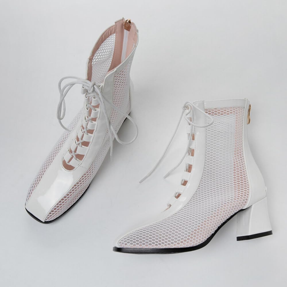 Women's Chunky Heel Ankle Boots with Mesh Detailing - Stylish & Comfortable for Fall/Winter Fashion, Office Wear & Night Out