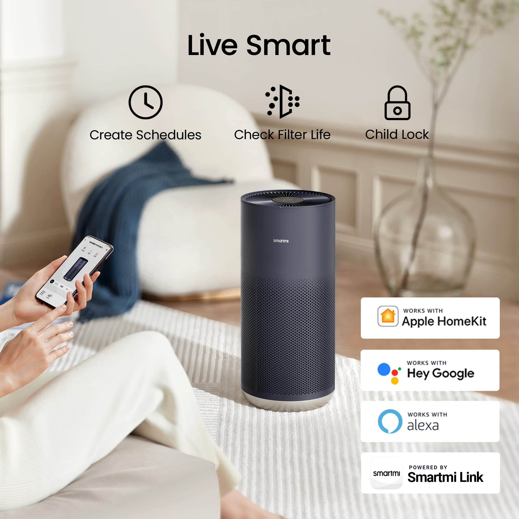 Smartmi Air Purifier 2 for Large Rooms - H13 True HEPA Filter Captures 99.97% of Pollen, Dust, Smoke & Mold - UV Light Disinfection & Smart Control - Ultra Quiet for Bedroom, Office & Living Room Use