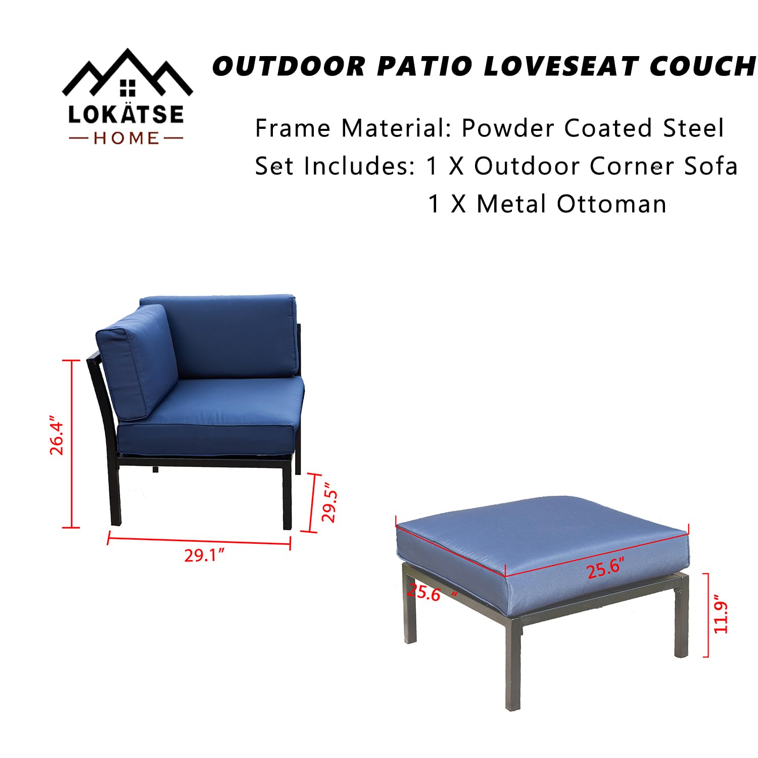 LOKATSE HOME 2-Piece Outdoor Patio Furniture Set - Blue Conversation Chairs with Corner Sofa & Ottoman - Waterproof Wicker Sectional Sofa for Garden, Backyard, Poolside & Balcony Relaxation