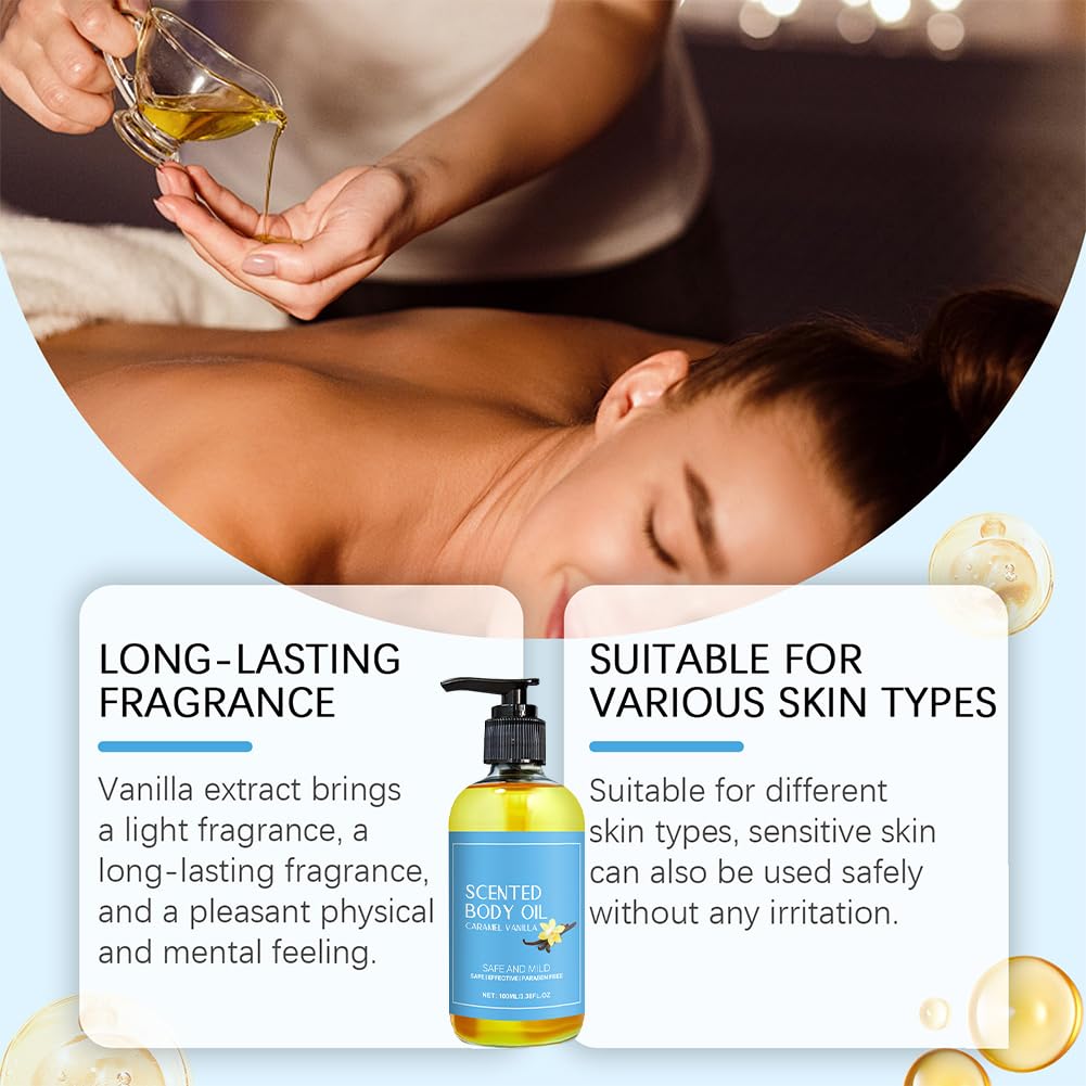 Caramel Vanilla Body Oil - 2 Pack Moisturizing Massage Oil for Women & Men | Smoothing & Hydrating Skin Care | 3.52 Fl oz | Perfect for Couples Massage & Spa Night
