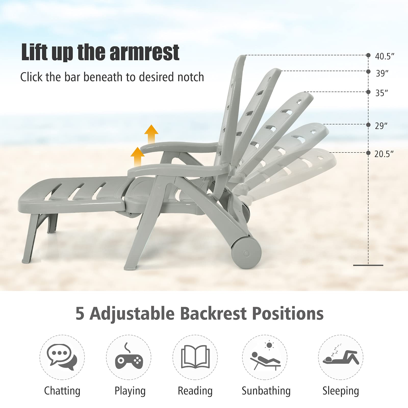 Giantex Folding Patio Chaise Lounge Recliner with Wheels - 5 Adjustable Positions, Armrests & Rolling Design - Perfect for Poolside, Backyard, Garden, Beach & Outdoor Sunbathing (Gray, 2-Pack) - Ideal for Relaxing by the Pool, Lounging in the Yard or Soaking Up Sun at the Beach