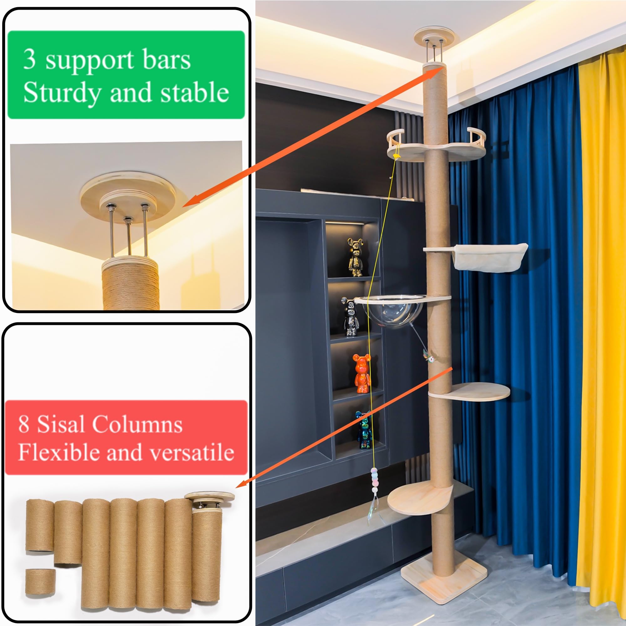 Adjustable 5-Tier Floor to Ceiling Cat Tree (50-120 inches) - Sturdy Hemp Scratching Post for Indoor & Outdoor Use - Perfect for Small Spaces & Multi-Cat Homes