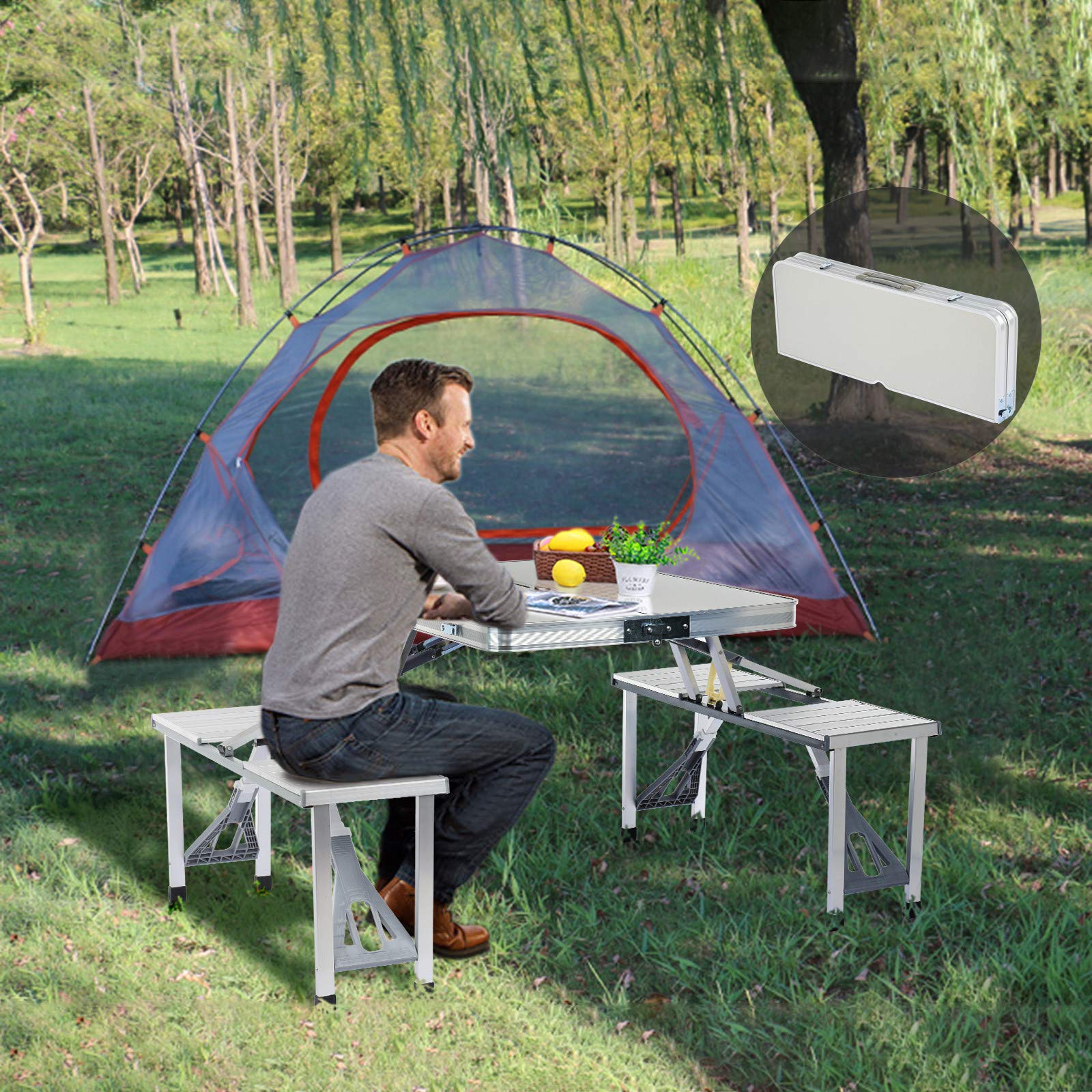 4-Person Portable Folding Picnic Table Set with 4 Chairs & Umbrella Hole - Compact Lightweight Camping Table for Outdoor, Beach, BBQ, Tailgating & Beer Garden (Silver)