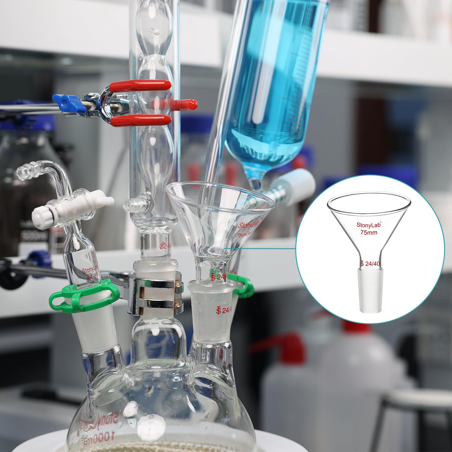 Stonylab 60° Offset Borosilicate Glass Powder Funnel with 24/40 Standard Joint - 75mm Inclined Triangular Laboratory Funnel for Precise Chemical Supplementing | Ideal for Lab Experiments, Powder Transfer & Material Handling