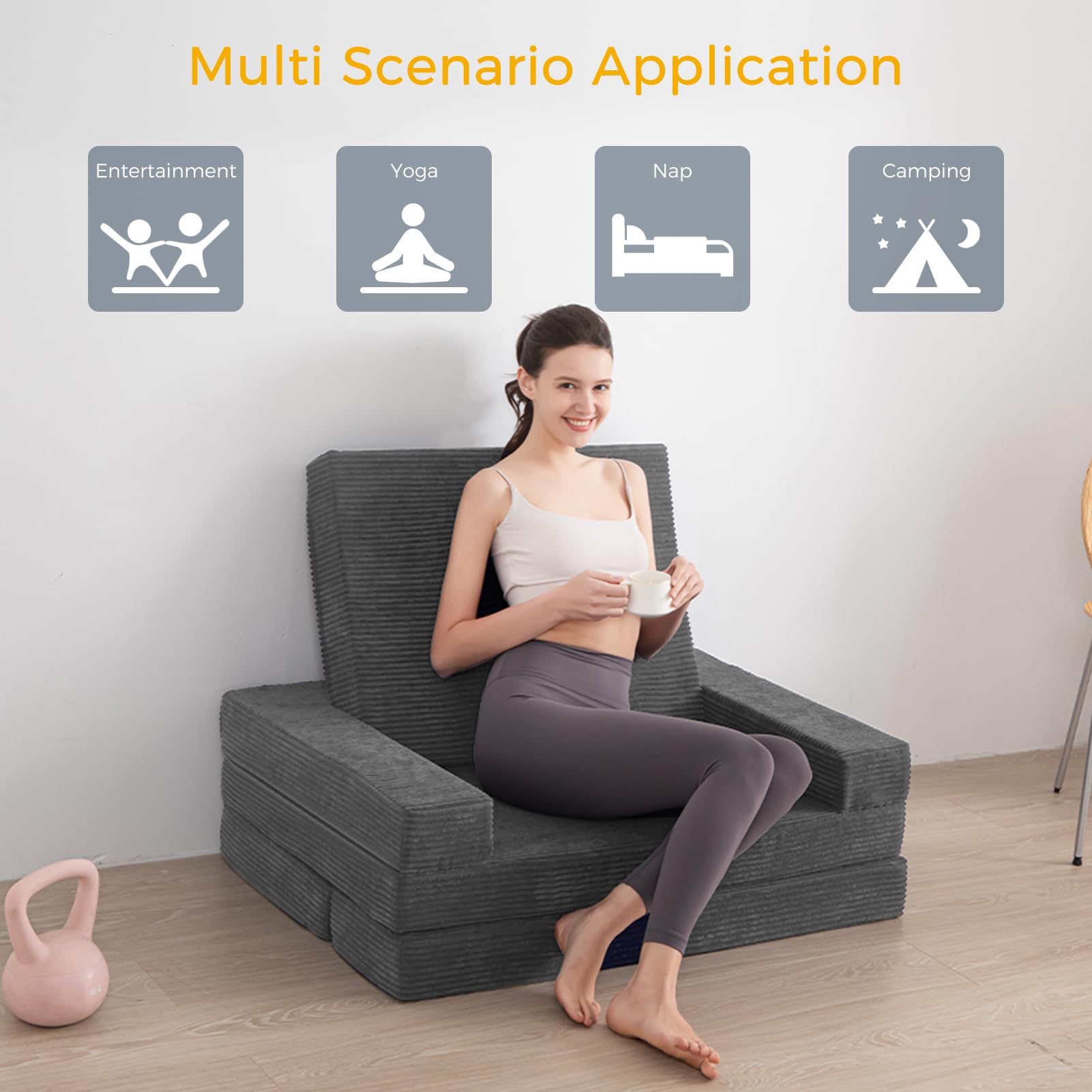 MAXYOYO Multifunctional Folding Sofa Bed - Convertible Sleeper Sofa, Guest Bed & Floor Couch with Mattress - Space Saving Dark Grey Futon for Small Apartments, Living Rooms & Guest Rooms