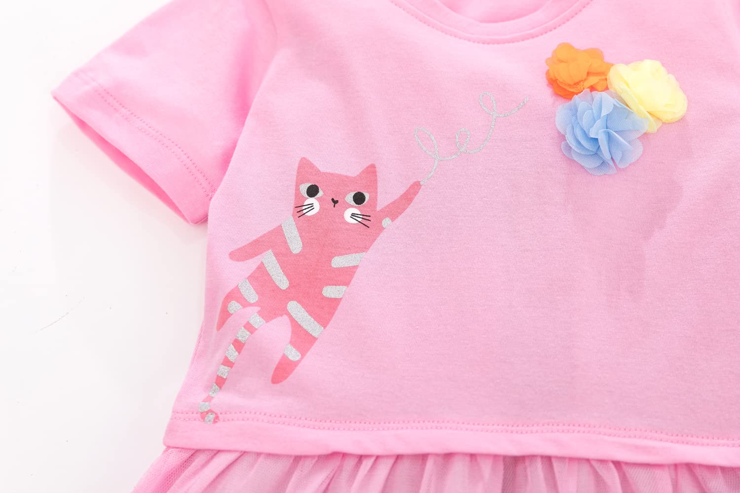 **Pink Cartoon Print Tulle Summer Dress for Girls - Short Sleeve Round Neck Toddler Party Tutu Dress - Perfect for Birthday, Photo Shoots & Special Occasions**