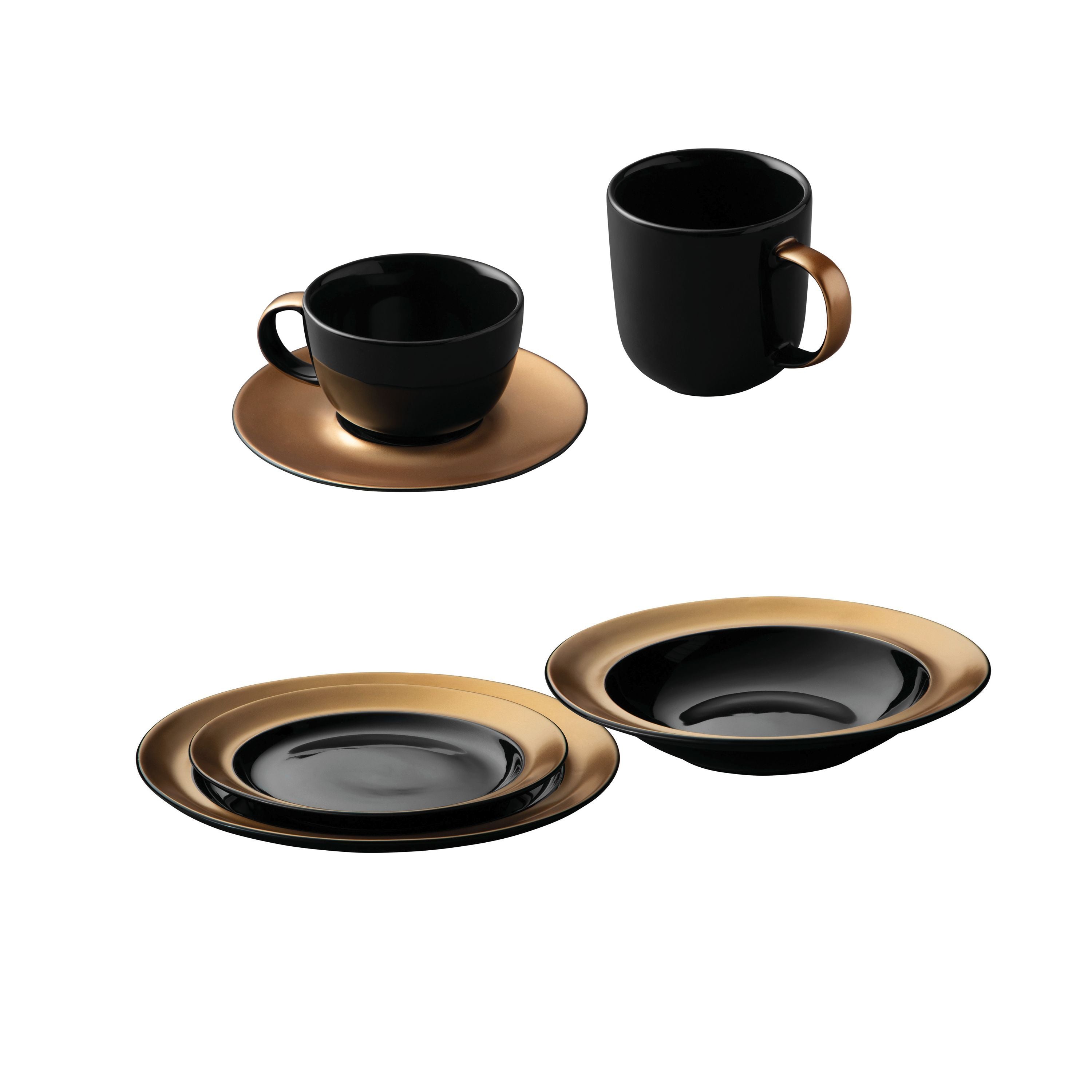 BergHOFF GEM Porcelain 6-Piece Dinnerware Set - Elegant Black & Gold Tableware for Formal Dining, Dinner Parties & Special Occasions