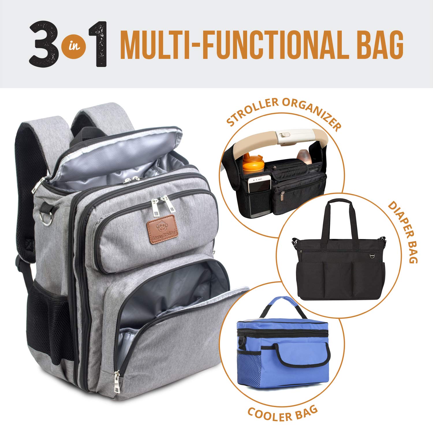 **Benny Bradley’s 3-in-1 Diaper Bag Backpack – Waterproof, Spill-Proof, Large Capacity Baby Bag with Stroller Straps – Perfect for Parents, Travel & On-the-Go – Universal Stroller Attachment & Built-In Cooler**