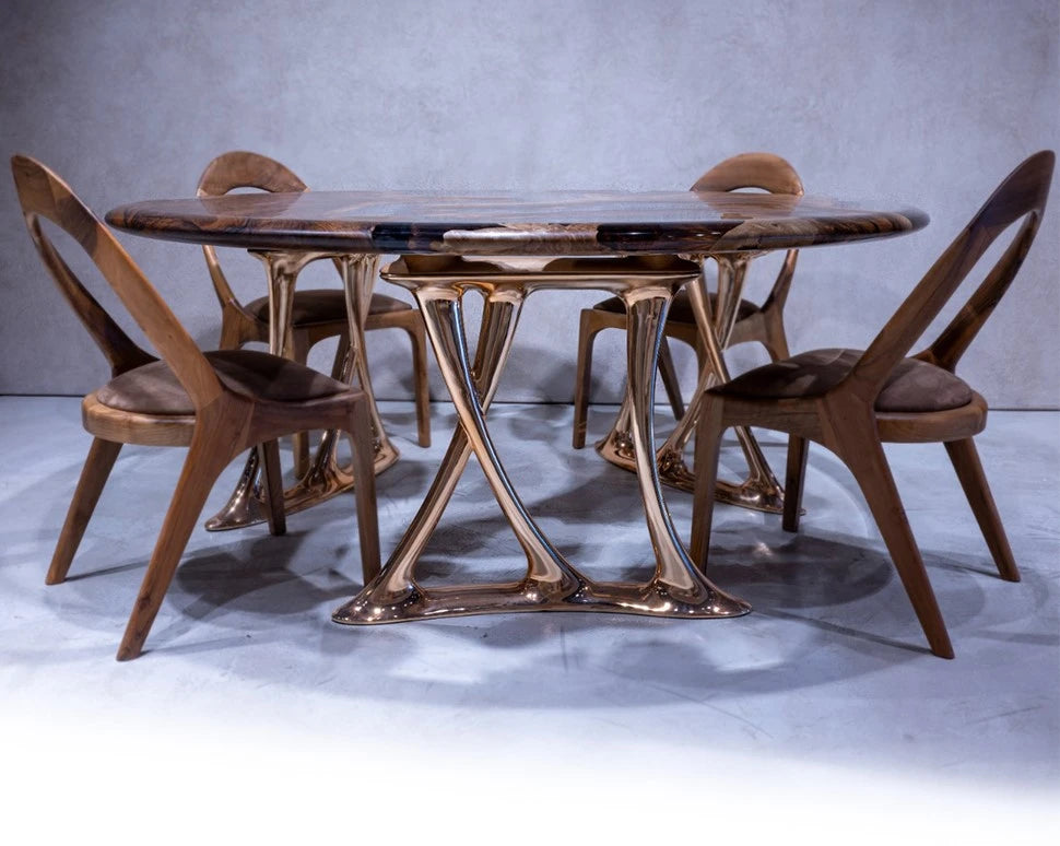 Premium Round Walnut Wood Dining Table with Rose Gold Aluminum Legs - Modern Kitchen & Dining Room Furniture for Family Gatherings & Dinner Parties