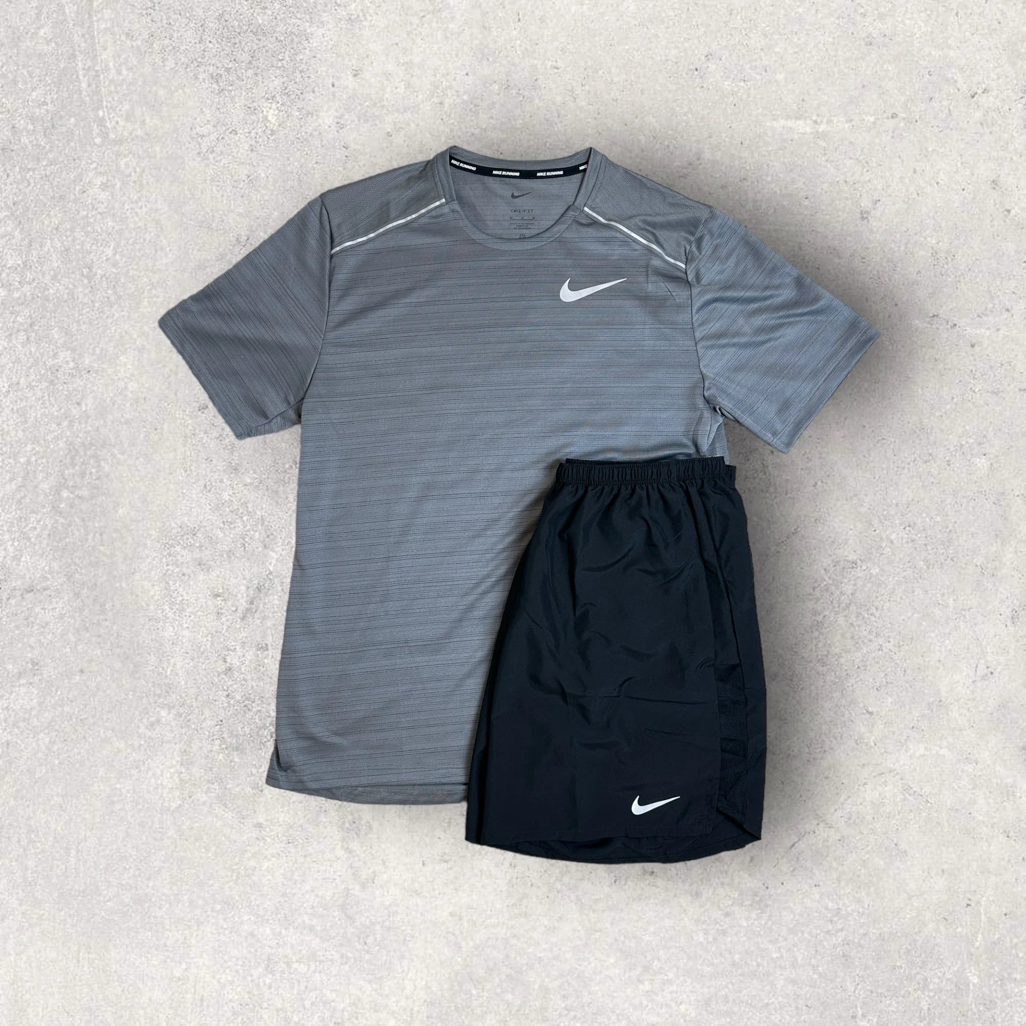 Nike Miler 1.0 Running T-Shirt & Shorts Set for Men - Smoke Grey/Black - Lightweight Athletic Outfit for Jogging, Gym & Casual Wear