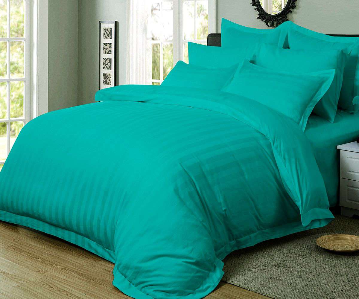 1000TC Ultra Soft Striped Super King Size Teal Duvet Cover Set - Luxury Bedding for Master Bedroom, Guest Room & Hotel Use