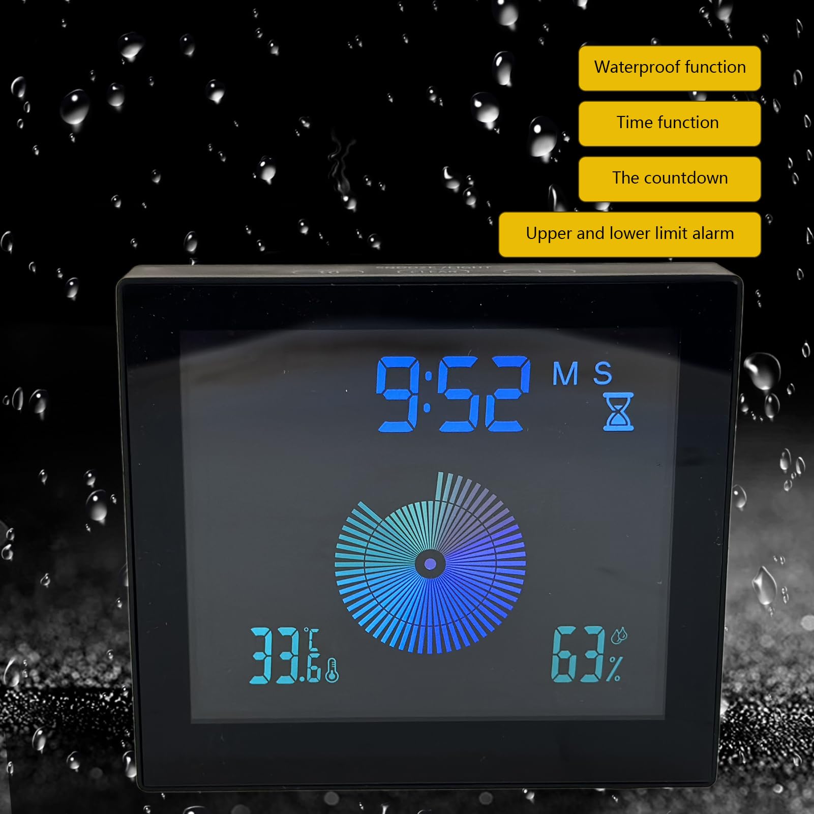 Alvinlite Waterproof Digital Shower Clock with Alarm, Indoor Temperature & Humidity Sensor, Large LCD Display - Touch Screen Kitchen Wall Timer with Countdown, Suction Cup & Hanging Hole (Black) - Perfect for Bathroom, Kitchen, Gym & Outdoor Use