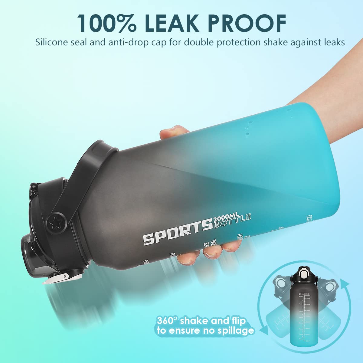Yuirsion 2L Sports Water Bottle with Time Markings & Straw - BPA-Free, Leak-Proof Fitness Bottle for Gym, Yoga, Hiking, Camping & Outdoor Activities - Ideal for Hydration Tracking & Workout Motivation (Black/Blue)