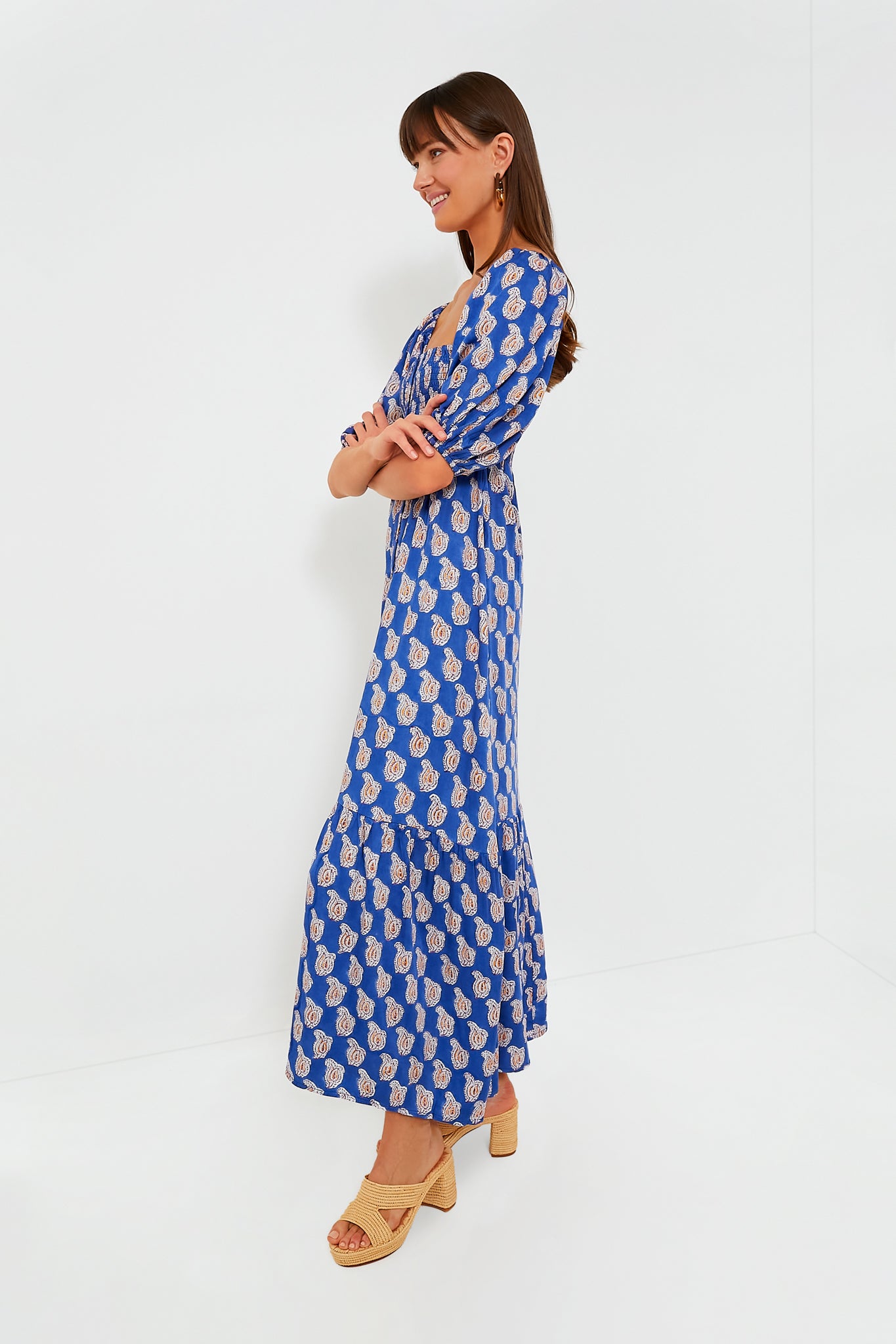 Elegant Blue Paisley Floral Satin Maxi Dress for Women | Summer Beach Wedding Party & Vacation Outfit