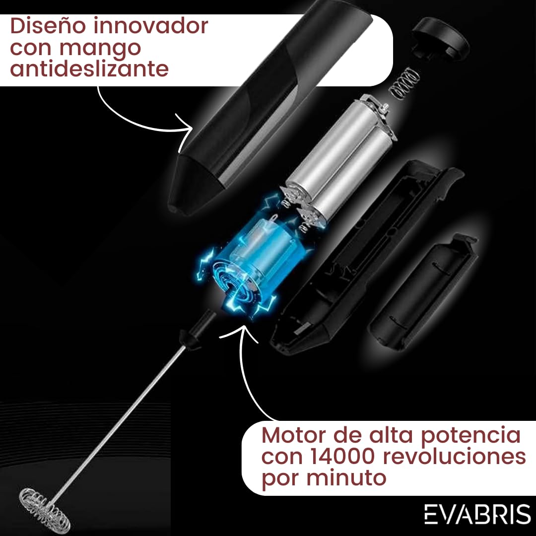 EVABRIS® Electric Milk Frother, Stainless Steel Handheld Milk Foam Maker, Battery Powered (2 AA), Portable Mini Frother for Coffee, Latte, Cappuccino - Perfect for Home, Office & Travel Use