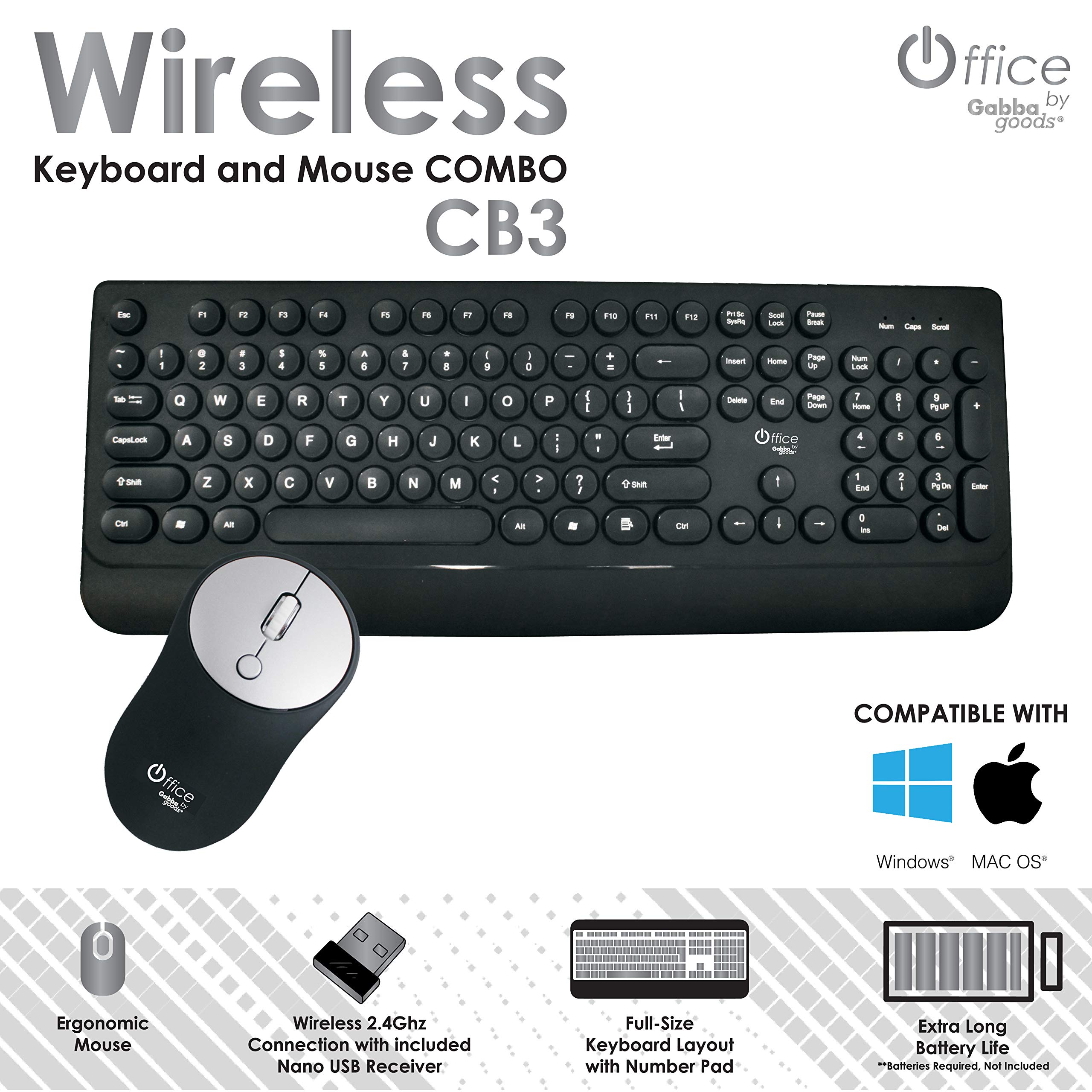 Gabba Goods Wireless Keyboard and Mouse Combo CB3 - Full-Size Ergonomic Keyboard with Number Pad & Comfortable Palm Rest, 2.4G Wireless Connection with Nano USB Receiver for PC/Laptop - Perfect for Office, Home & Gaming Use
