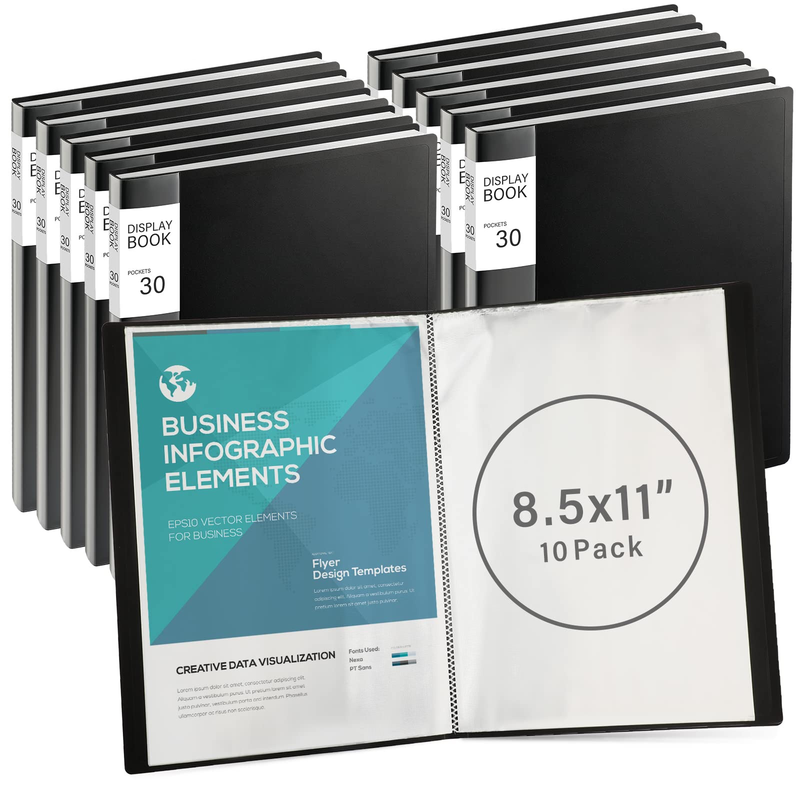 10-Piece Black Portfolio Binder Set with 30 Plastic Sleeves & 60 Pages - A4 Document Presentation Folder for Artwork, School Projects, Business Reports & Office Organization