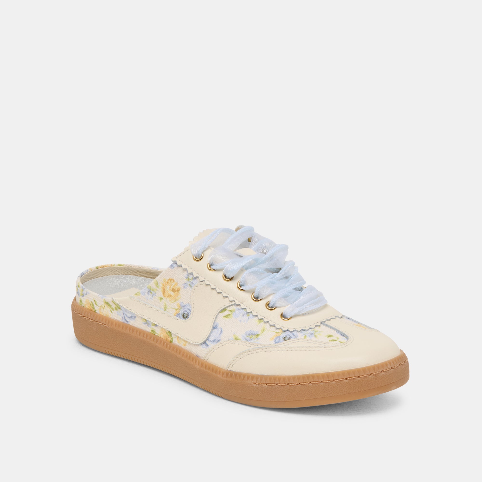 Blue Floral Leather Slide Sneakers for Women - Comfortable Casual Slip-On Shoes for Summer, Beach, and Outdoor Activities