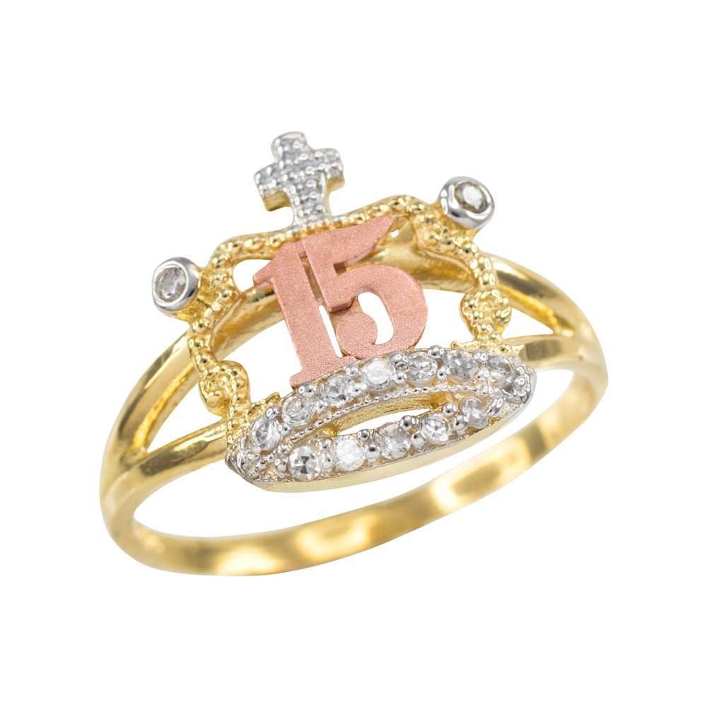 10K Tri-Tone Gold CZ-Studded Crown Ring for Sweet 15 Quinceañera - Elegant Birthday Gift for Teen Girls, Perfect for Quinceañera Celebrations, Prom, and Special Occasions