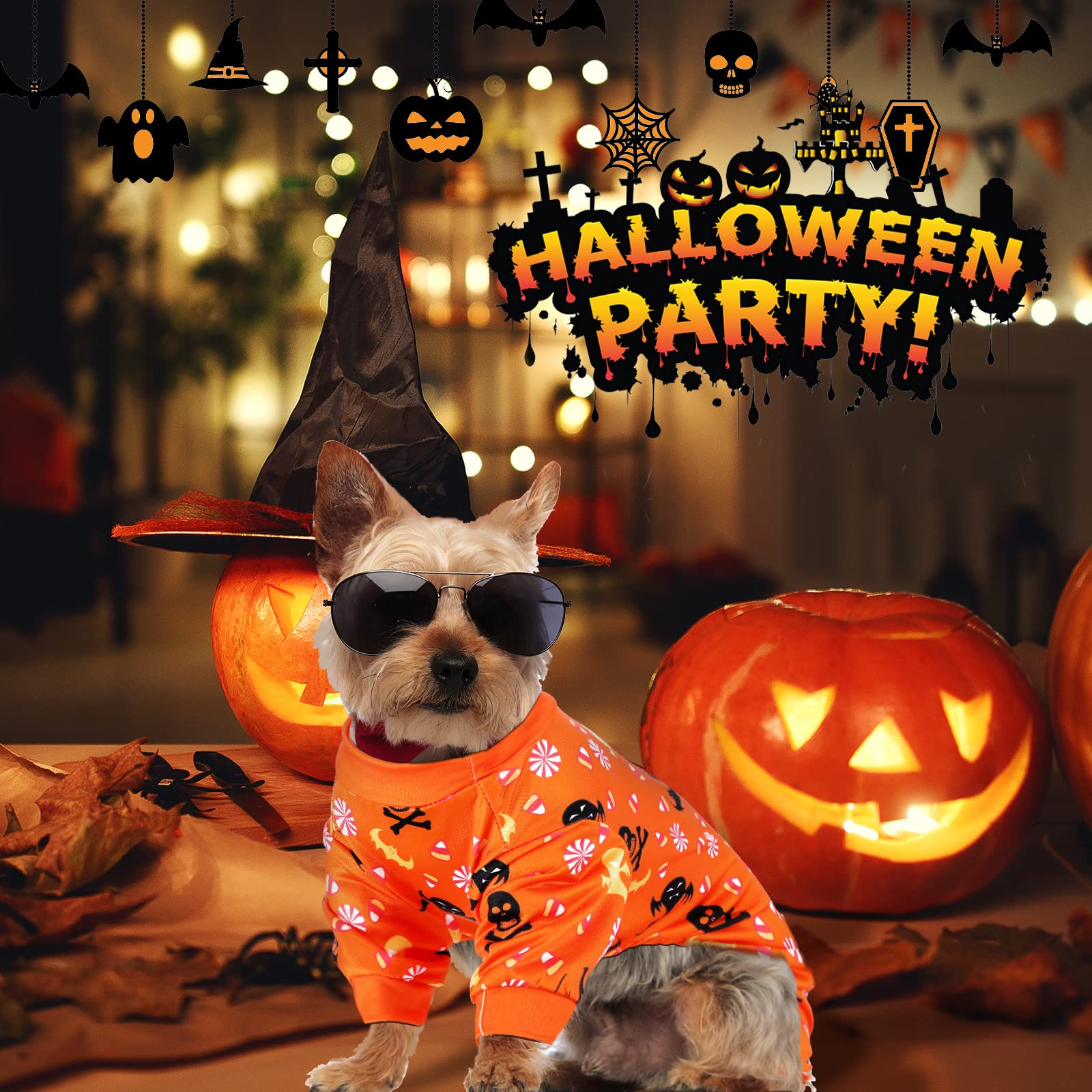5-Piece Dog Winter Pajamas Set - Cute Puppy Bodysuit with Skull & Ghost Print, Pumpkin Pet Costume for Halloween - Warm Holiday Dog Shirts for Small Medium Large Dogs - Perfect for Christmas, Halloween Cosplay & Indoor Winter Wear