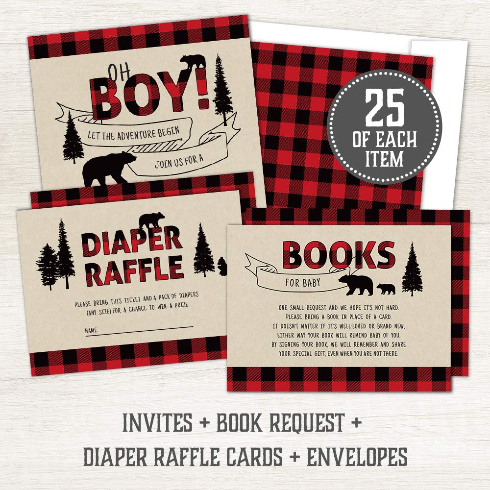25-Piece Rustic Lumberjack Baby Shower Invitation Set for Boys - Buffalo Plaid Oh Boy Baby Shower Cards with Diaper Raffle Tickets & Envelopes - Perfect for Woodland-Themed Baby Showers and Gender Reveal Parties