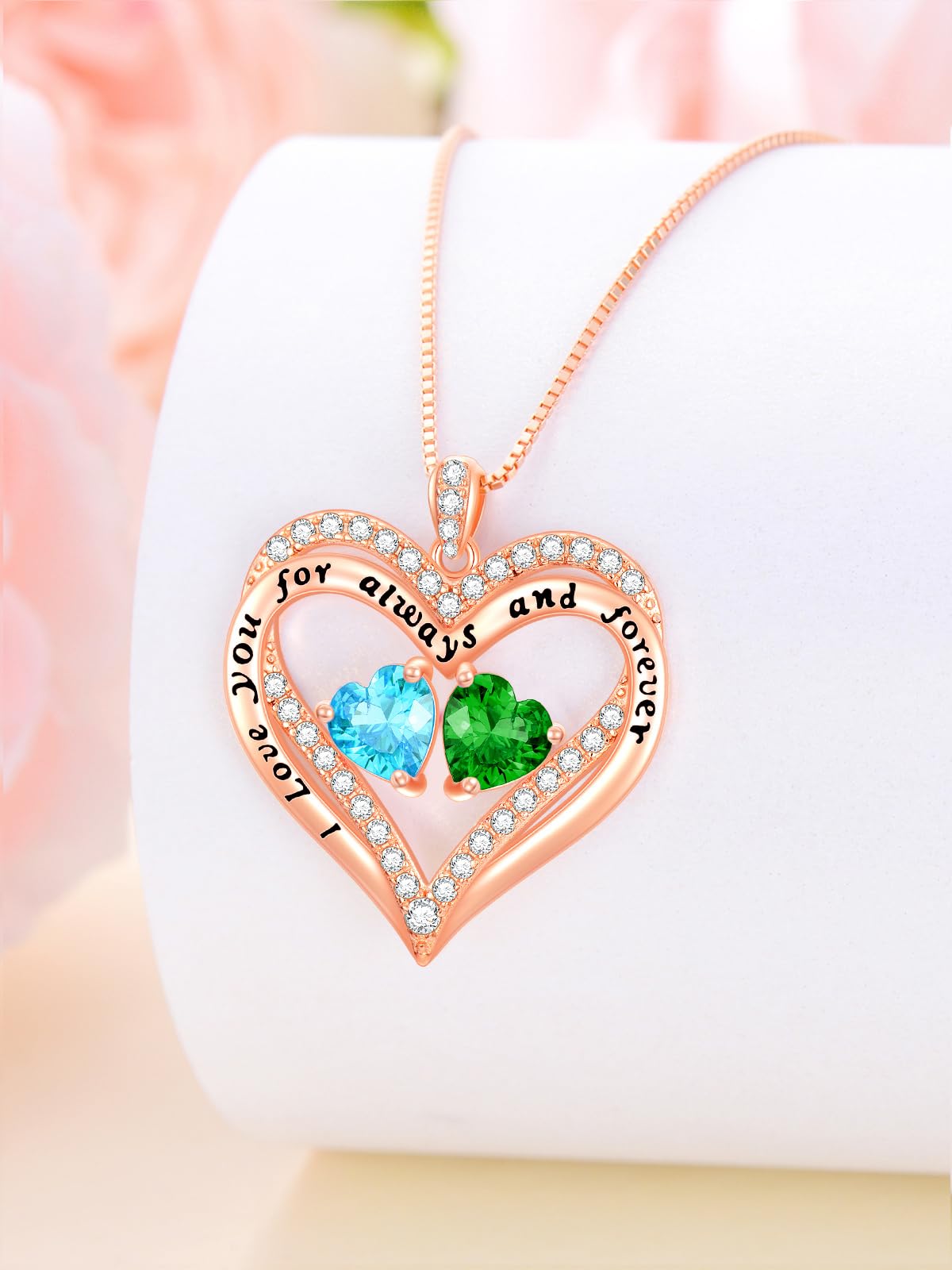 Rose Gold Heart Double Birthstone Necklace - Personalized Birthstone Jewelry Gift for Wife, Girlfriend, Mom & Grandma - 12 Birthstones for Every Month - Perfect for Birthday, Mother's Day & Anniversary Gifts - Elegant Pendant Necklace for Women - Ideal for Romantic Occasions, Family Celebrations & Special Moments