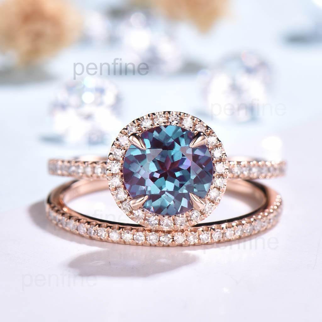**Alexandrite Diamond Halo Engagement Ring & Wedding Band Set for Women - Perfect for Proposals, Bridal Jewelry, and Anniversary Gifts**
