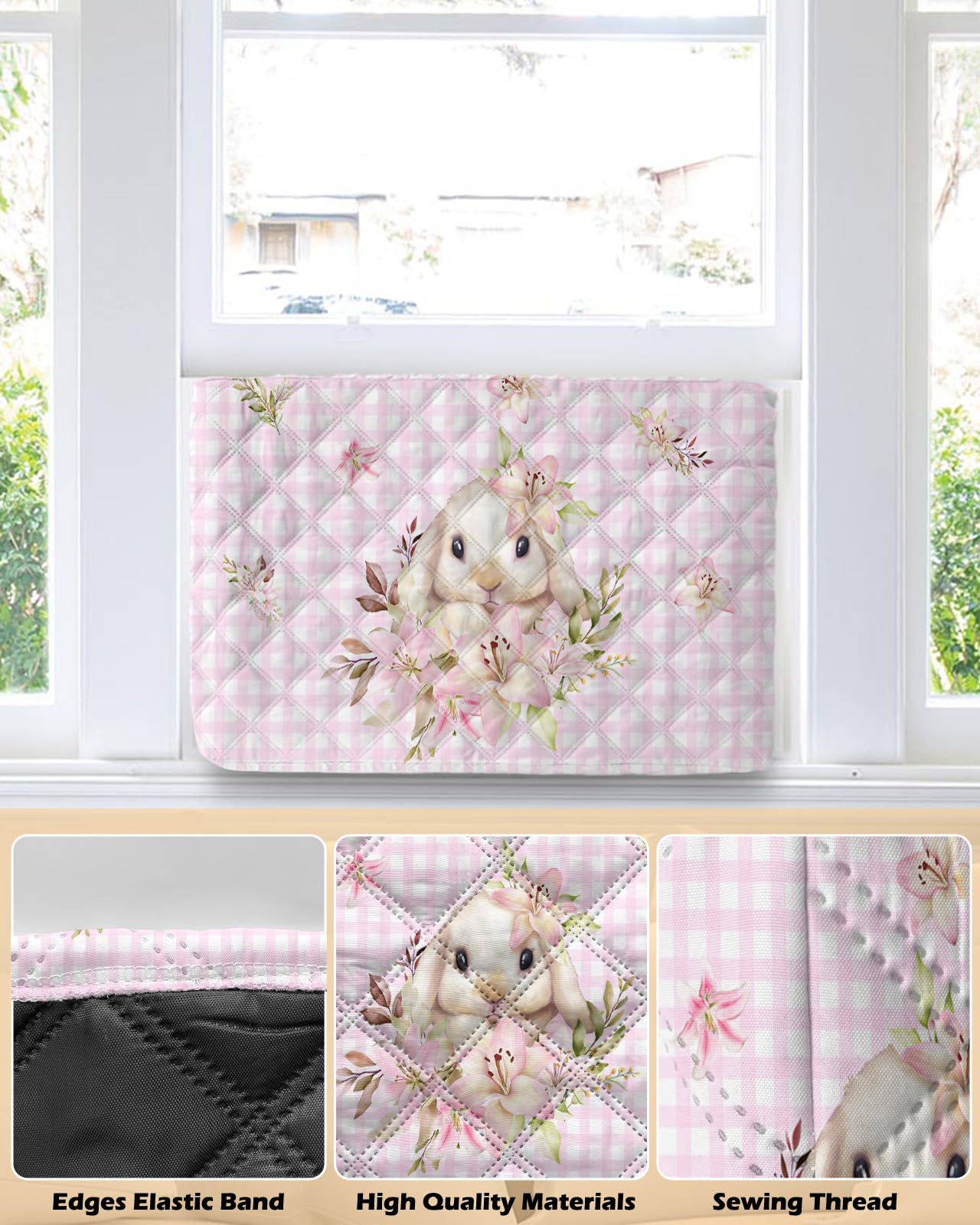Pink Plaid Indoor Air Conditioner Cover for Window Units - Double Insulation, Adjustable & Waterproof AC Cover with Elastic Straps - 28'' x 20'' x 3.5'' - Perfect for Easter Bunny, Spring Flowers & Leaves Decor - Ideal for Home, Office & Seasonal Protection