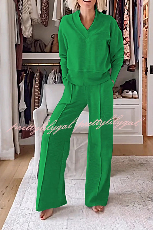 Women's Solid Color V-Neck Top & Elastic Waist Lounge Pants Set with Pockets - Cozy Winter Loungewear for Home, Yoga, and Relaxation