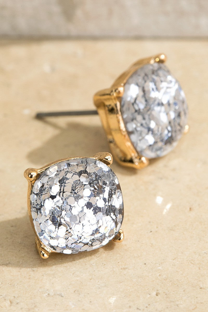 UBS024 Silver Glitter Stud Earrings for Women - Sparkling Fashion Accessories for Parties, Weddings & Everyday Wear