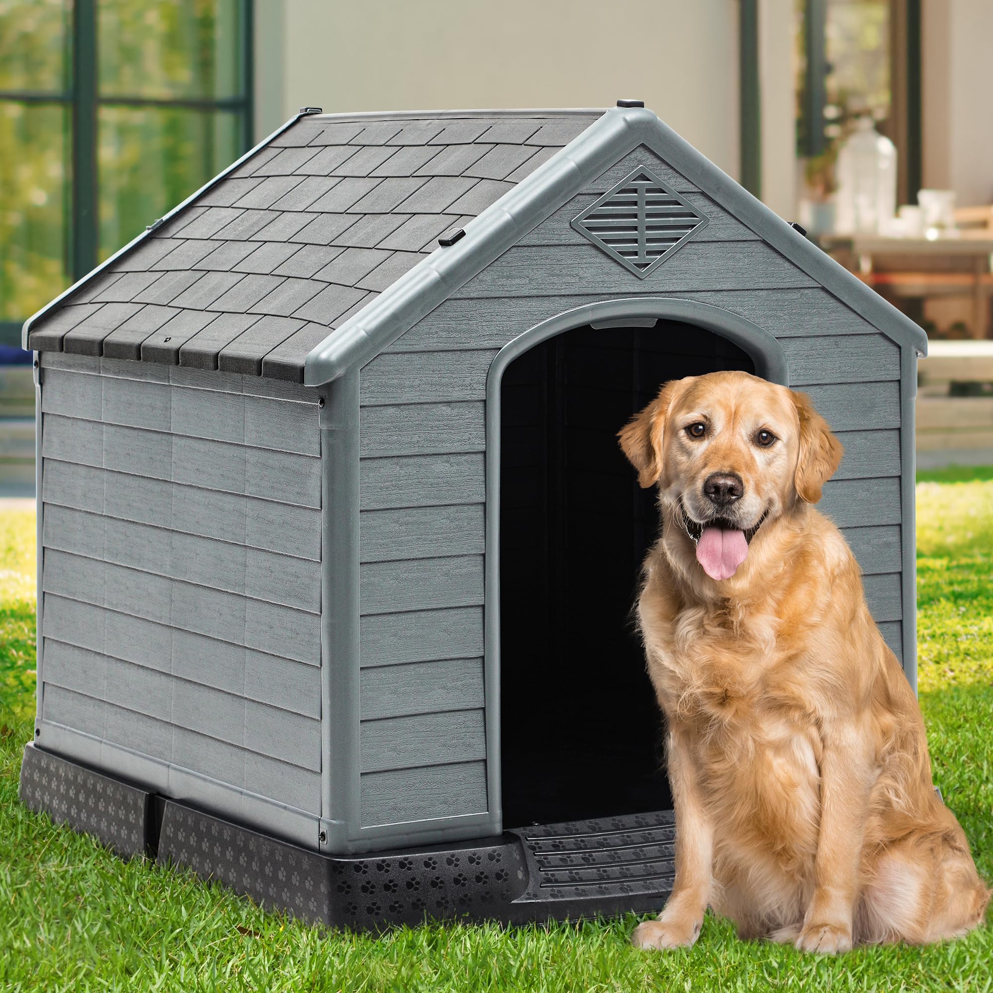 YITAHOME 41'' Large Waterproof Plastic Dog House for Outdoor & Indoor Use - Sturdy Puppy Shelter with Air Vents & Elevated Floor - Easy Assembly Dog Kennel (41''L x 38''W x 39''H, Black+Gray) - Perfect for Backyard, Patio, Garage or Kennel Use